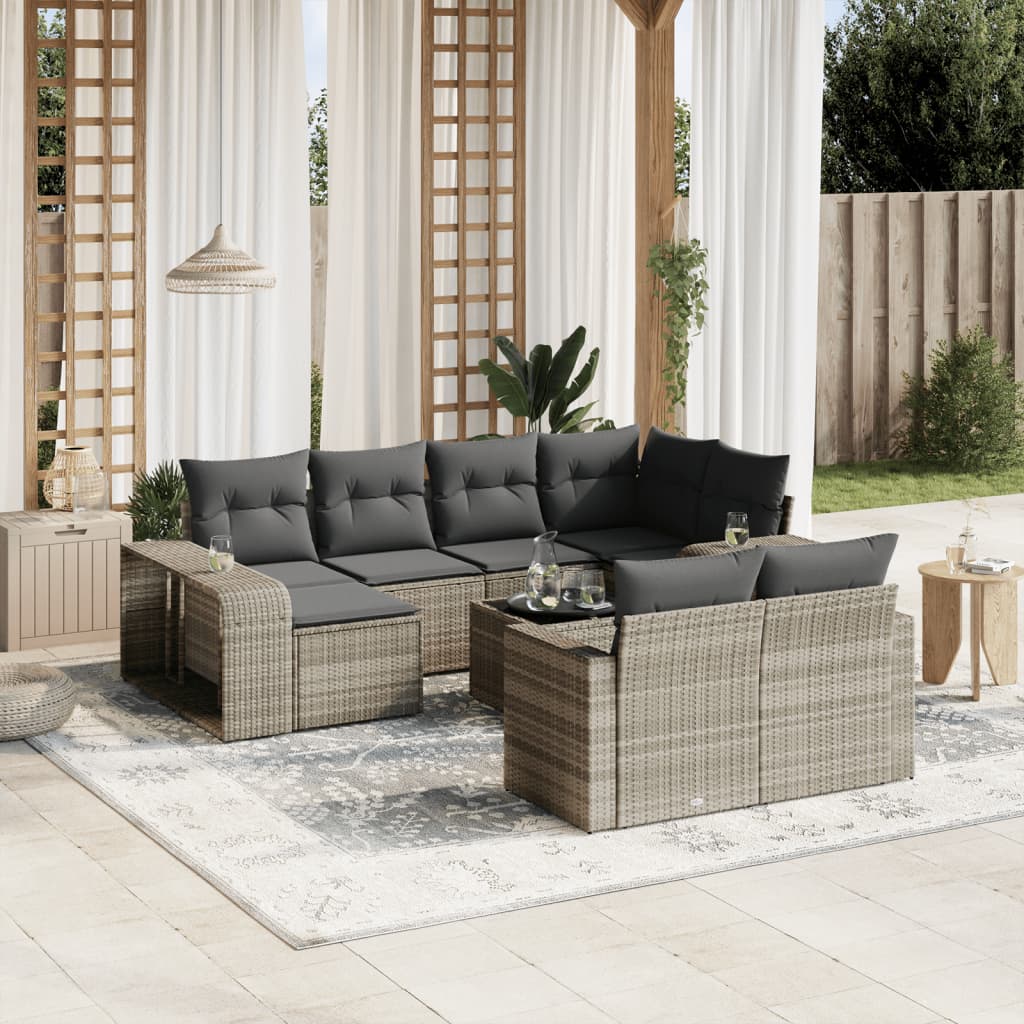 11 muebles de jardín con cojines de resina tejida en gris claro.
