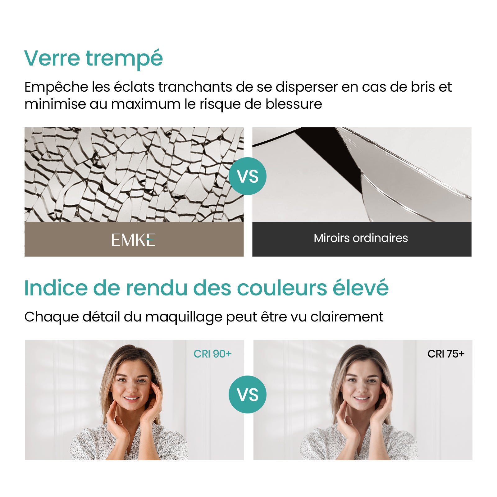 EMKE Miroir lumineux salle de bain 120x60cm, Miroir LED avec Interrupteur à bouton, Anti-buée, Miroir avec éclairage lumière Blanche Froide/Chaude - 6