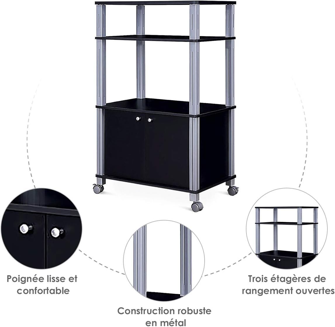 Etagere de Cuisine, Etagere de Micro-Ondes et Four en MDF Robuste, Meuble Rangement a roulettes avec Tiroir et 2 Etageres Ouvertes (Noir) - 5