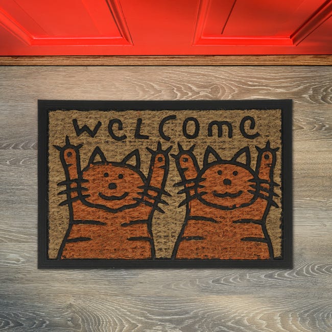 Relaxdays Zerbino con Romantici Gatti, Fibra di Cocco, Zona Interna ed Esterna, LP 40x60 cm, Antiscivolo, Naturale/Nero Relaxdays Zerbino con Romantici Gatti, Fibra di Cocco, Zona Interna ed Esterna, LP 40x60 cm, Antiscivolo, Naturale/Nero