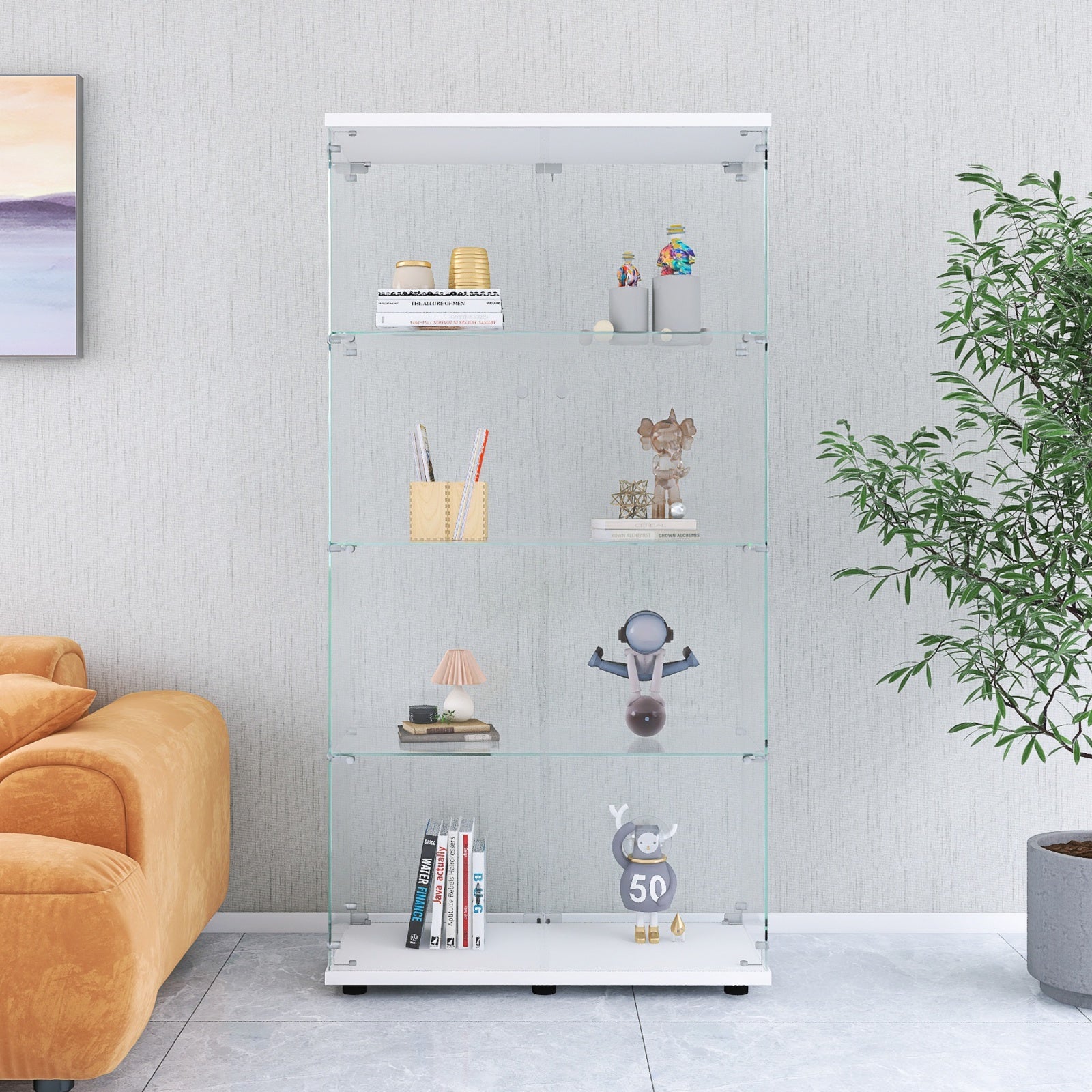 Vitrina de exposición de vidrio - Mueble de almacenamiento con 4 estantes y 2 puertas - 164,3 x 80,5 x 36,3 cm - Salón, despacho - Blanco - 3