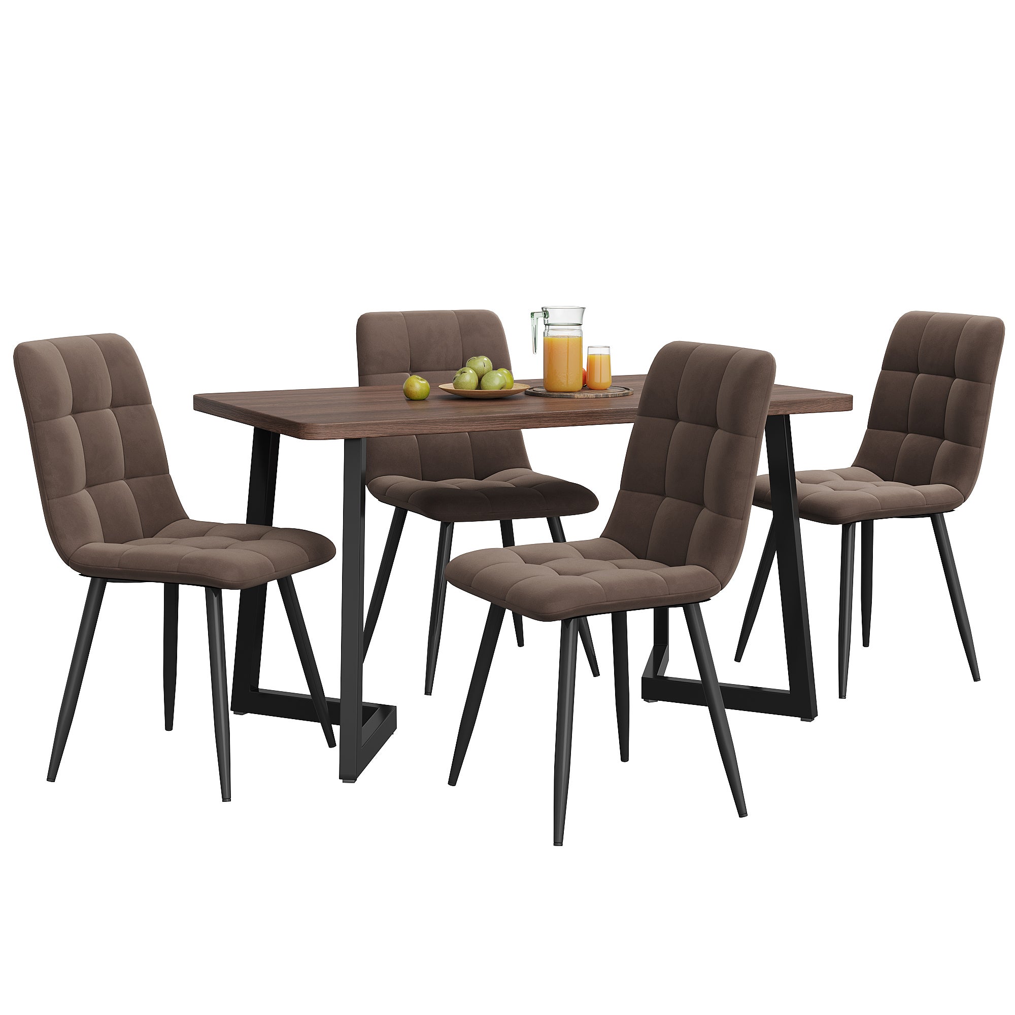 Ensemble table à manger avec 4 chaises en velours - 117 x 68 x 75 cm - MDF et pieds en métal doré - Noyer + marron - 3