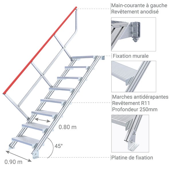 Escalier industriel 18 marches - Hauteur à franchir 3.80m - Inclinaison 45° - Main-courante à gauche - 22110818 - 4