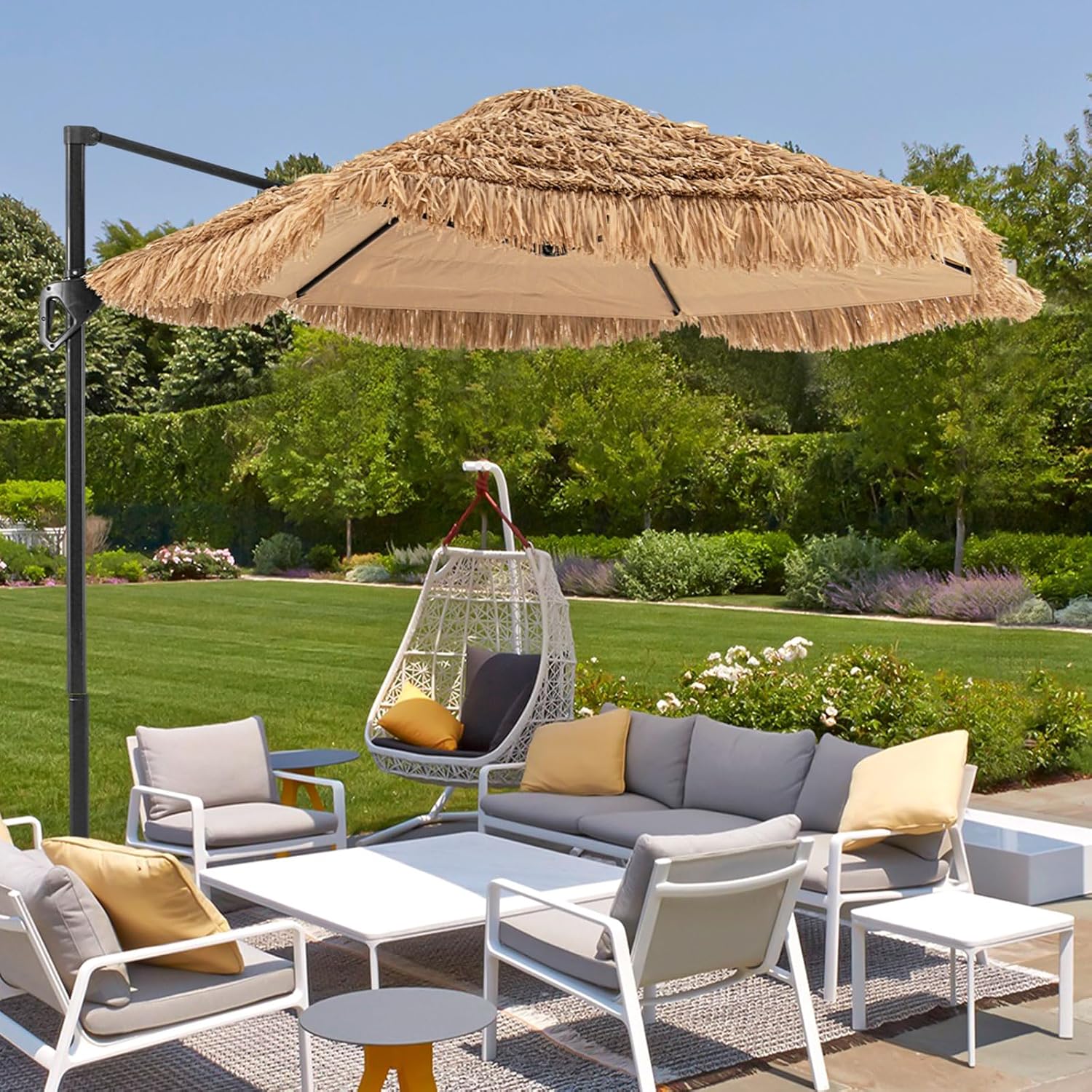 2,7M Parasol Paille en PE, Parasol Déporté Suspendu de Style Hawaïen Tropical, avec Double Toits, 8 Baleines, Base Non Incluse - 8