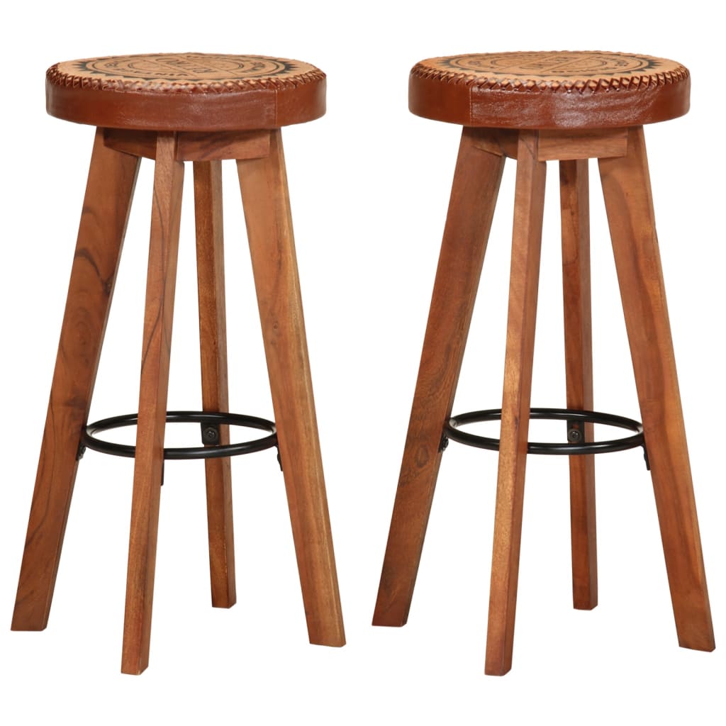 Taburetes de bar de 2 piezas, de cuero auténtico y madera maciza de acacia.