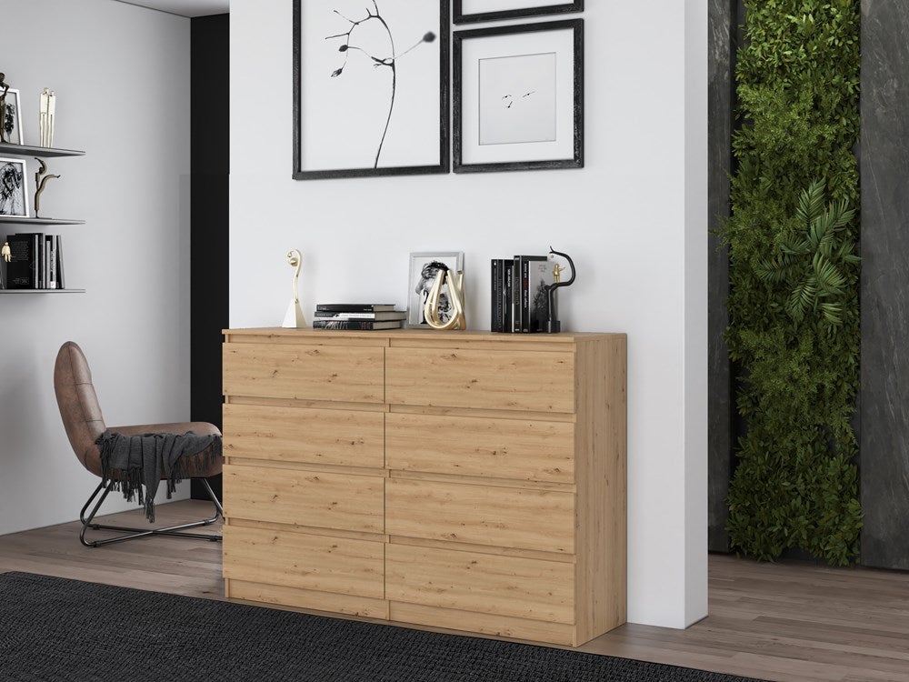 MILAN - Commode large 8 tiroirs chambre salon - 97x138x40 - Design minimaliste - Meuble de rangement - Aspect bois - Chêne - 8