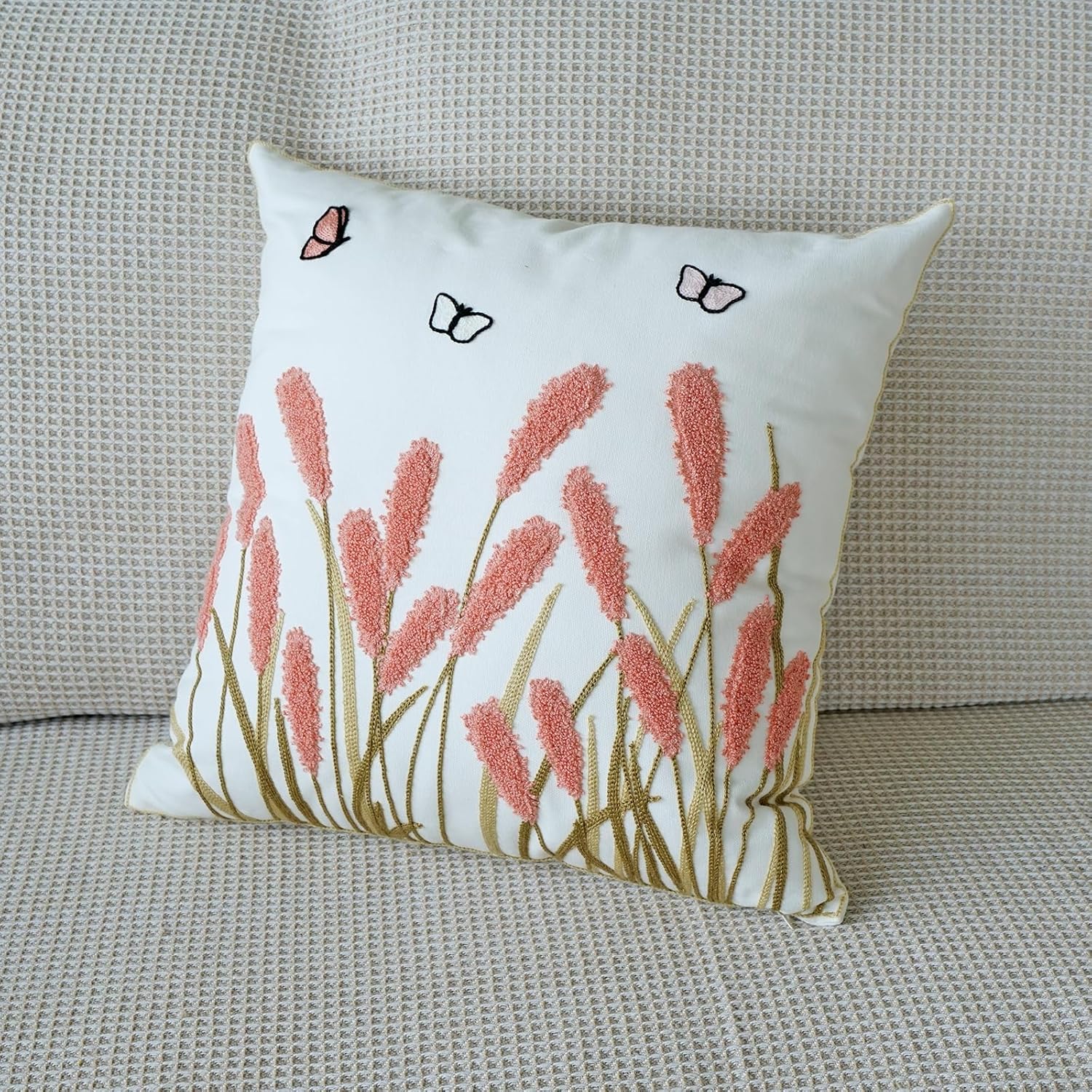 Tissu en coton avec broderie d'herbes de la pampa, style bohème (rose, 45 x 45cm) - 2