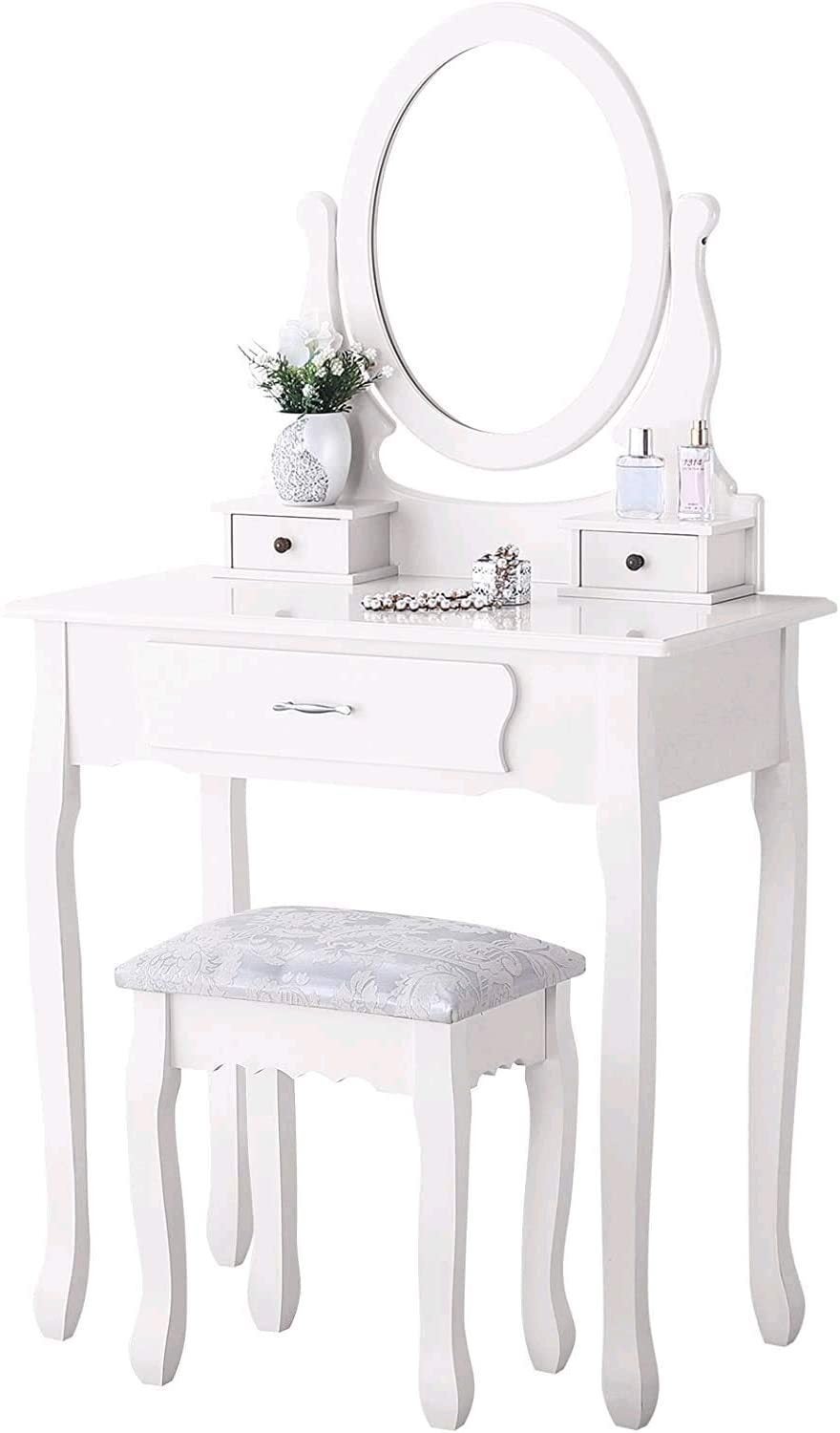 Coiffeuse avec miroir et tabouret, 3 tiroirs, miroir pivotant à 360°, style rétro-luxe, matériau MDF, blanc - 9