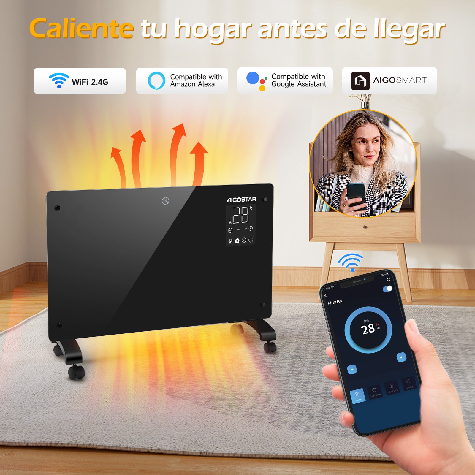 Radiador Electrico Bajo Consumo 3 modos, Conexión Wi-Fi, Programable Aigostar - 2