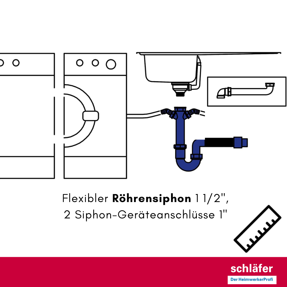 Schläfer 439305 | Sifón universal con conector de manguera 1'1/2, conexión doble para lavavajillas o lavadoras, conexión mural - 6