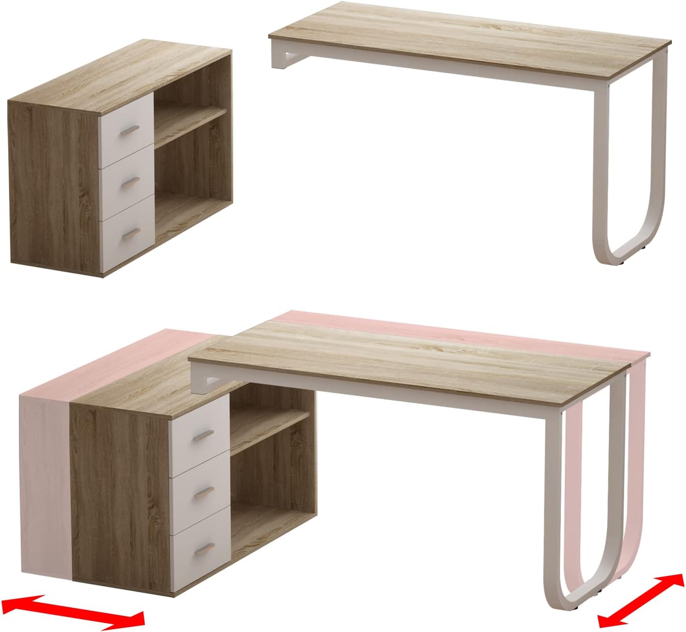 Bureau d'angle en forme de L Bureau informatique 2 étagères pieds en acier Bois&Blanc 130x57x75cm - 4