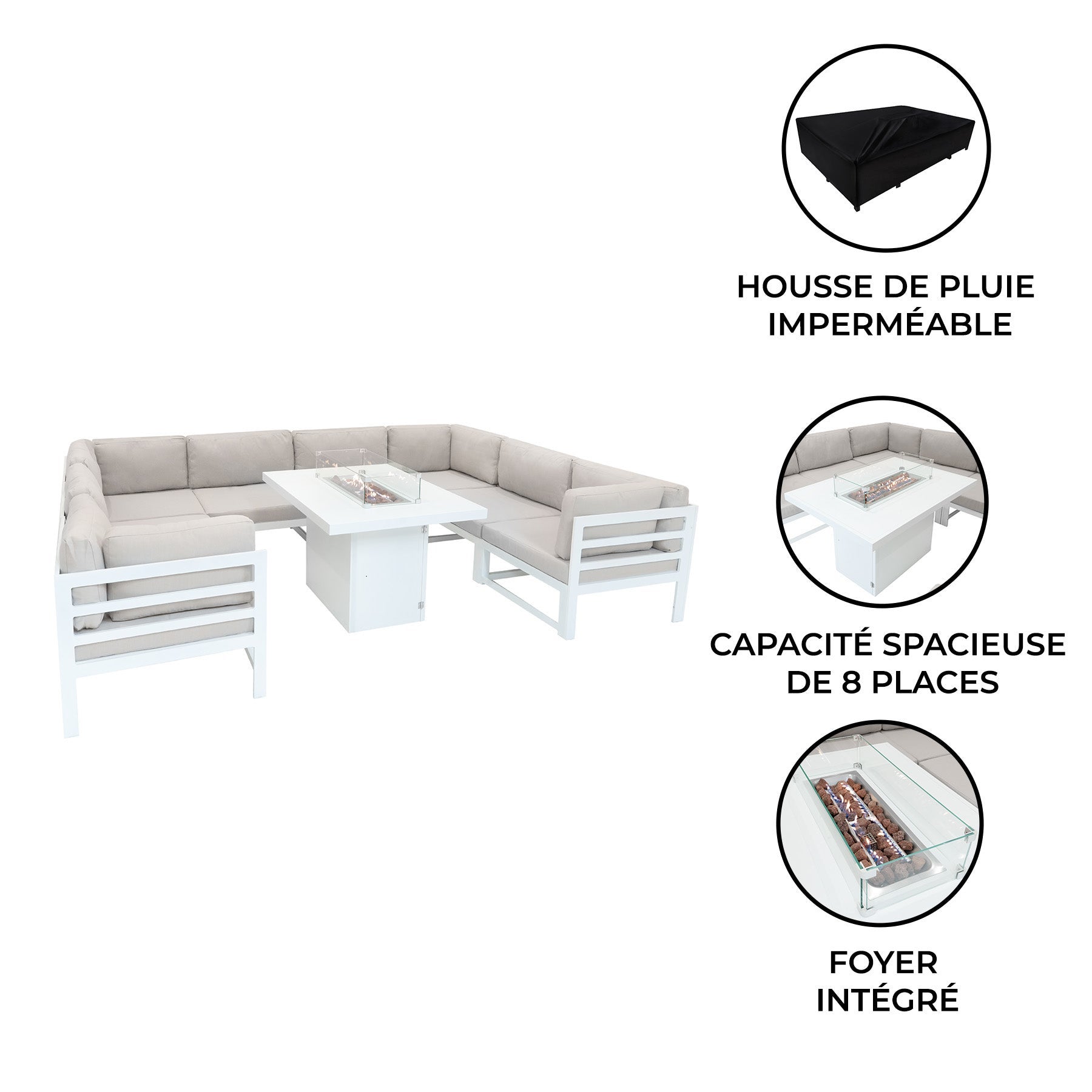 Conjunto de Móveis de Jardim Branco com Lareira | Sofá de 8 Lugares em Alumínio com Almofadas + Mesa com Lareira a Gás - 6