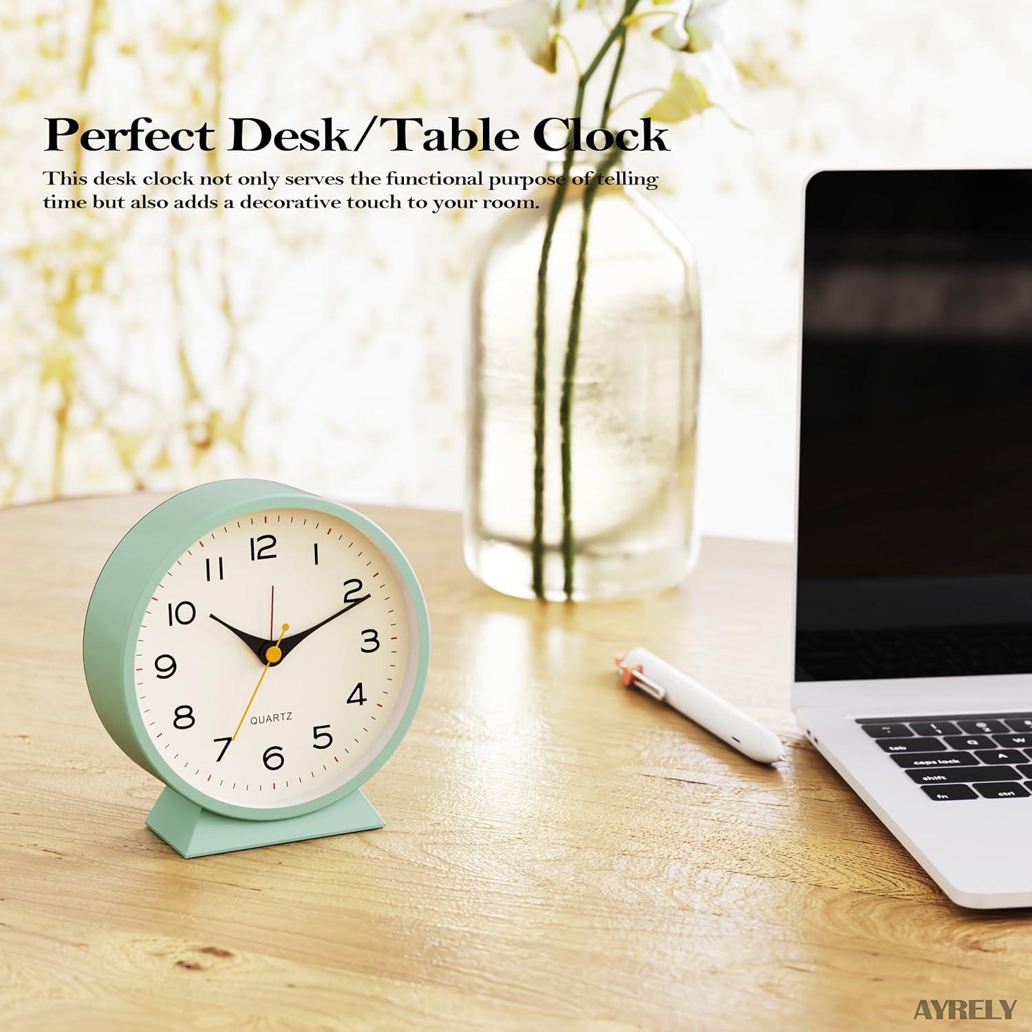 Réveil analogique 4,5 pouces, petite horloge de bureau vintage en métal, alimentée par batterie, silencieuse, avec veilleuse (vert) - 3