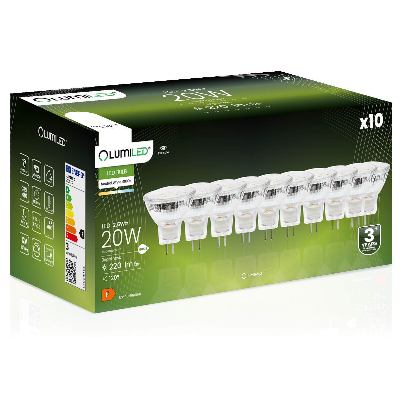 10x Żarówka Lumiled LED GU5.3 Reflektor MR11 2,5W = 20W 220lm 4000K Neutralna 120st 12V