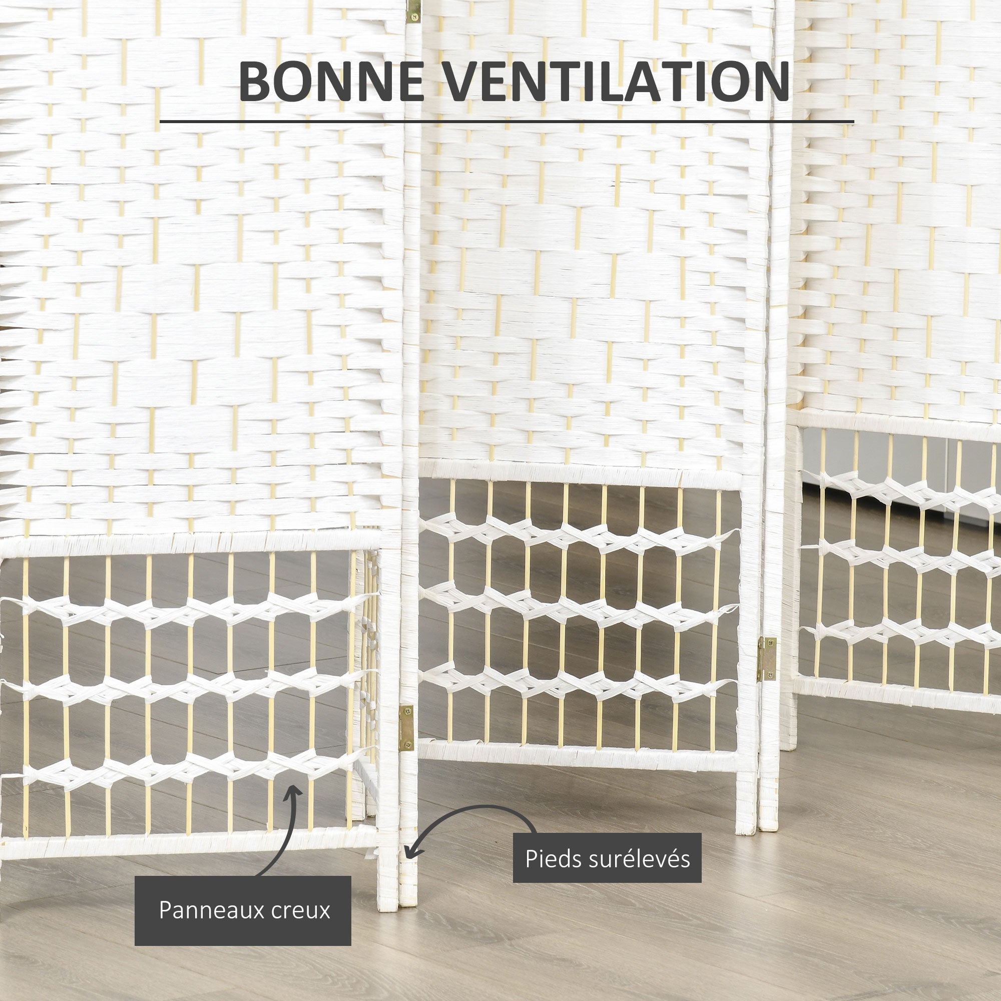 Paravent bois 242x170 cm séparateur pièce pliable 6 panneaux cloison chambre maison intérieur blanc - 6