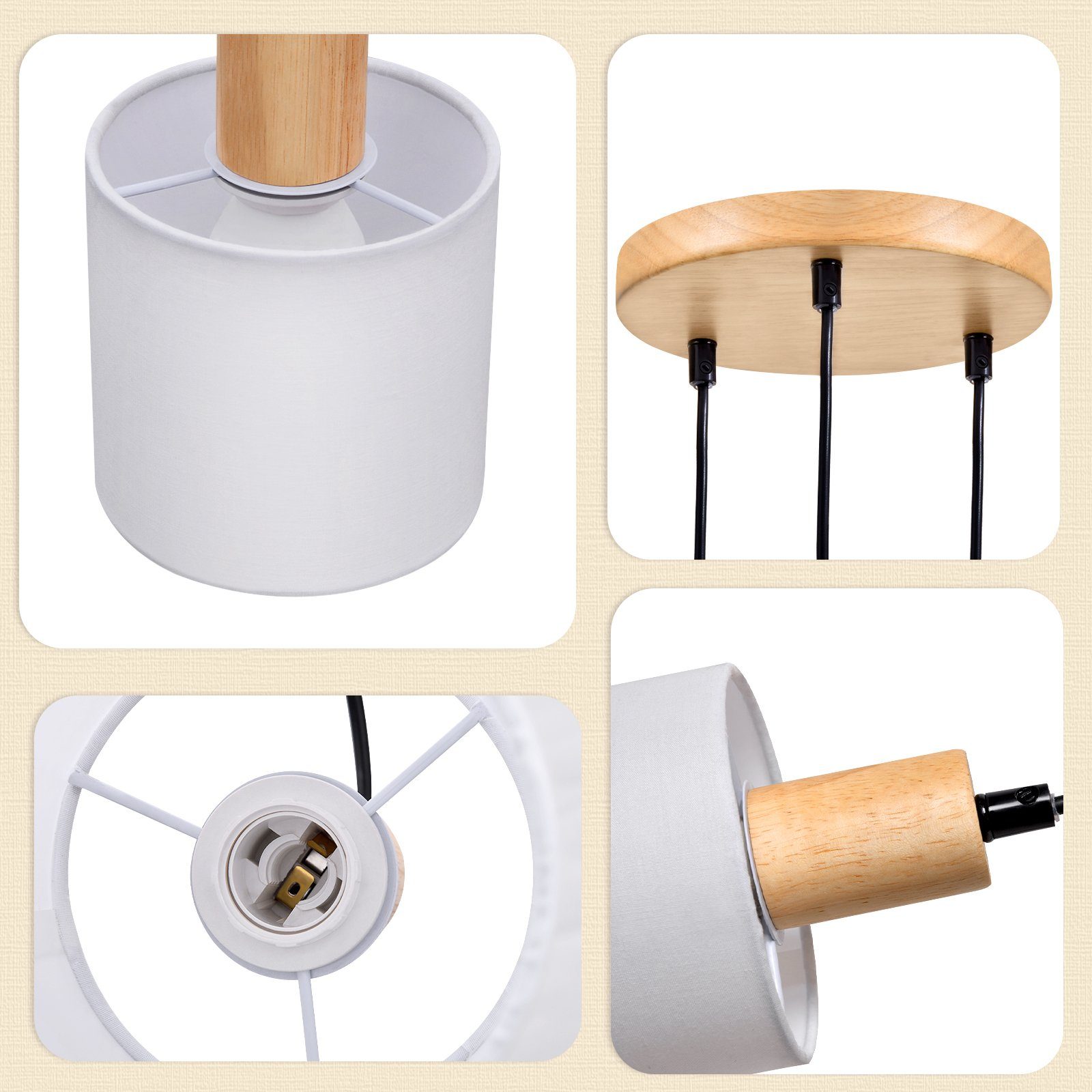 ZMH Lampada a sospensione in legno bianco, diametro 20 cm, E14, stile retrò, 3 lampadine rotonde. Adatto per sala da pranzo cucina sala da pranzo - 3