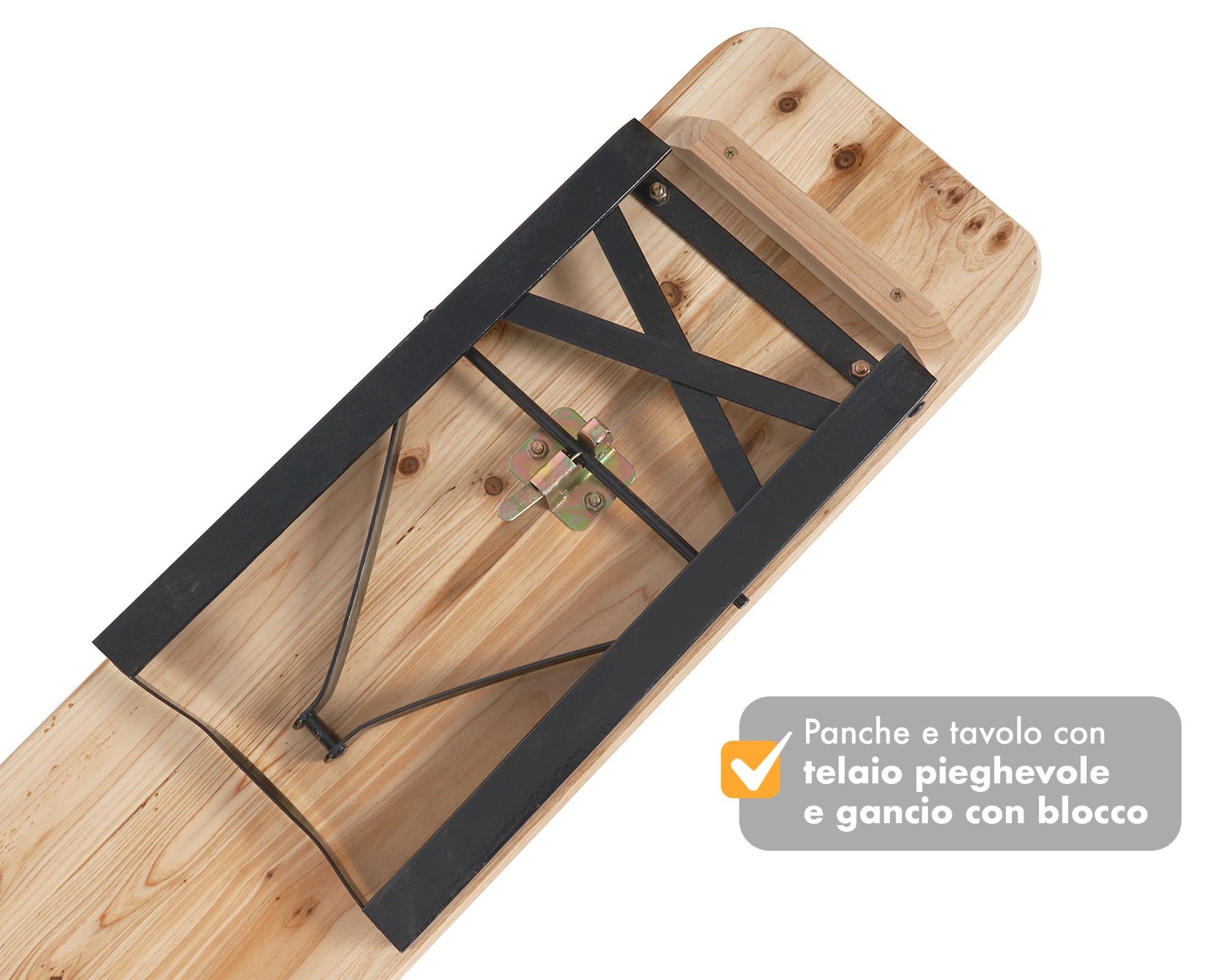 Set Birreria 220 x 80 Cm XXXL 8 /10 Posti 3 Pezzi 2 Panche 1 Tavolo Pieghevole Panca Da Feste Sagra Legno Abete Struttura Acciaio Richiudibile - 3