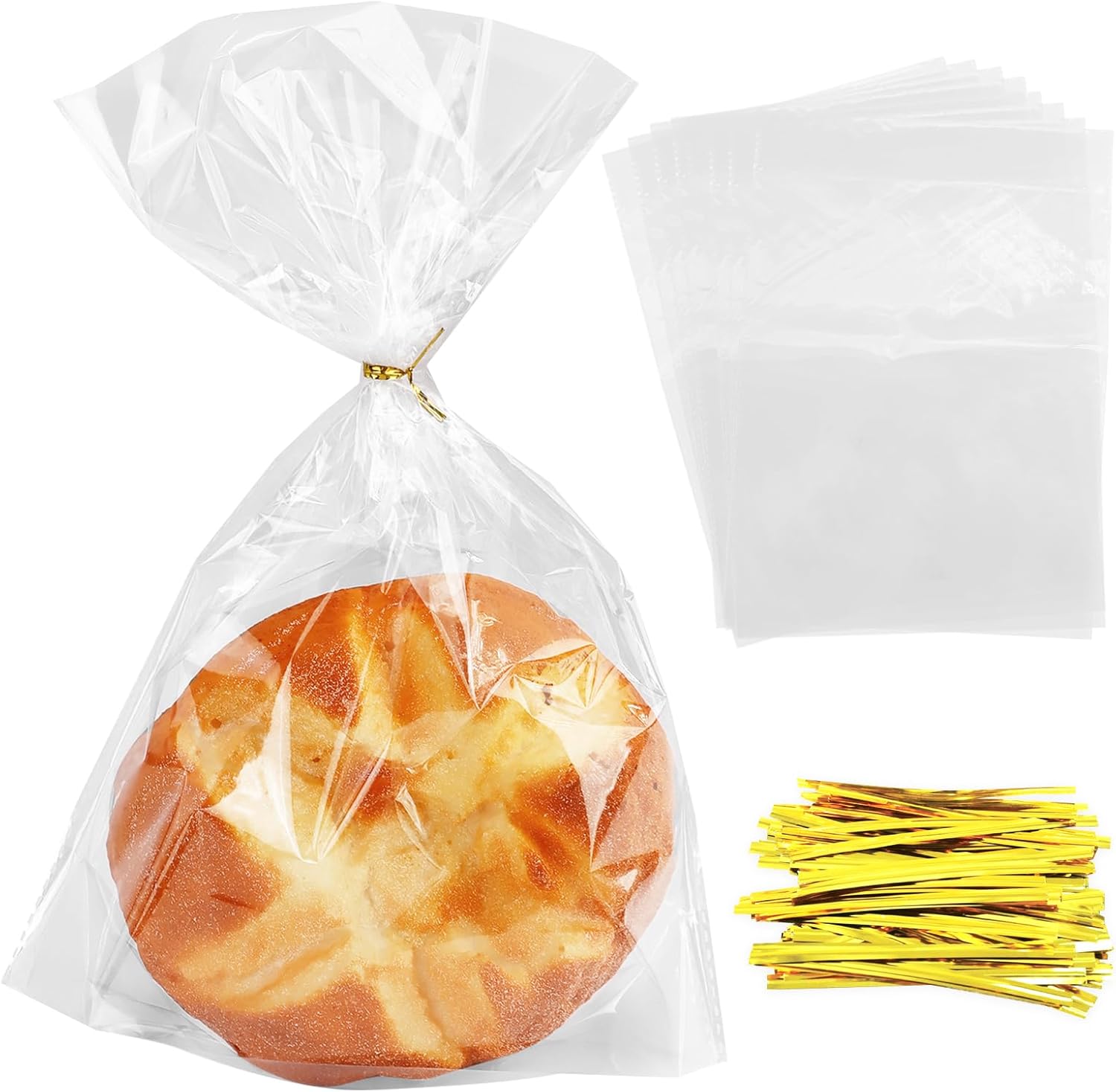 Opakowanie 100 przezroczystych torebek celofanowych, torebek do przechowywania pieczywa z wielokrotnego użytku sznurkami do domowego pieczywa, tostów,