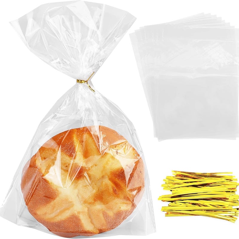 Opakowanie 100 przezroczystych torebek celofanowych, torebek do przechowywania pieczywa z wielokrotnego użytku sznurkami do domowego pieczywa, tostów,