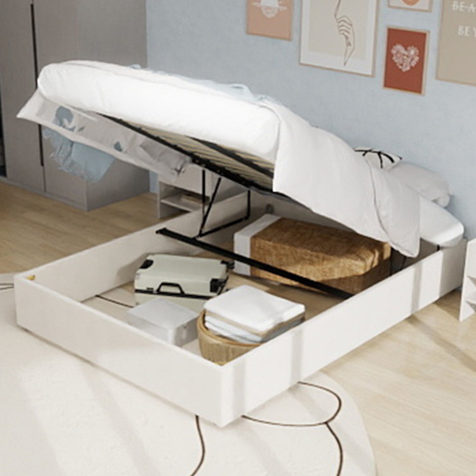 Banquette-lit rembourrée, canapé-lit, lits rangements, cadre de lit avec fonction de chargement USB Type C et 2 tiroirs 90x200cm en lin gris (sans matelas