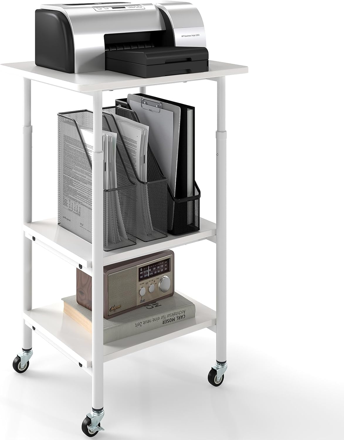 Regulowana Wysokość Podstawy pod Drukarkę, Mobilna Szafka na Drukarkę, 3-poziomowa Półka na Kółkach na Faks, Skaner, do Biura, Kuchni (Biała)