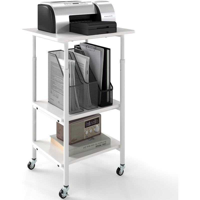 Regulowana Wysokość Podstawy pod Drukarkę, Mobilna Szafka na Drukarkę, 3-poziomowa Półka na Kółkach na Faks, Skaner, do Biura, Kuchni (Biała)