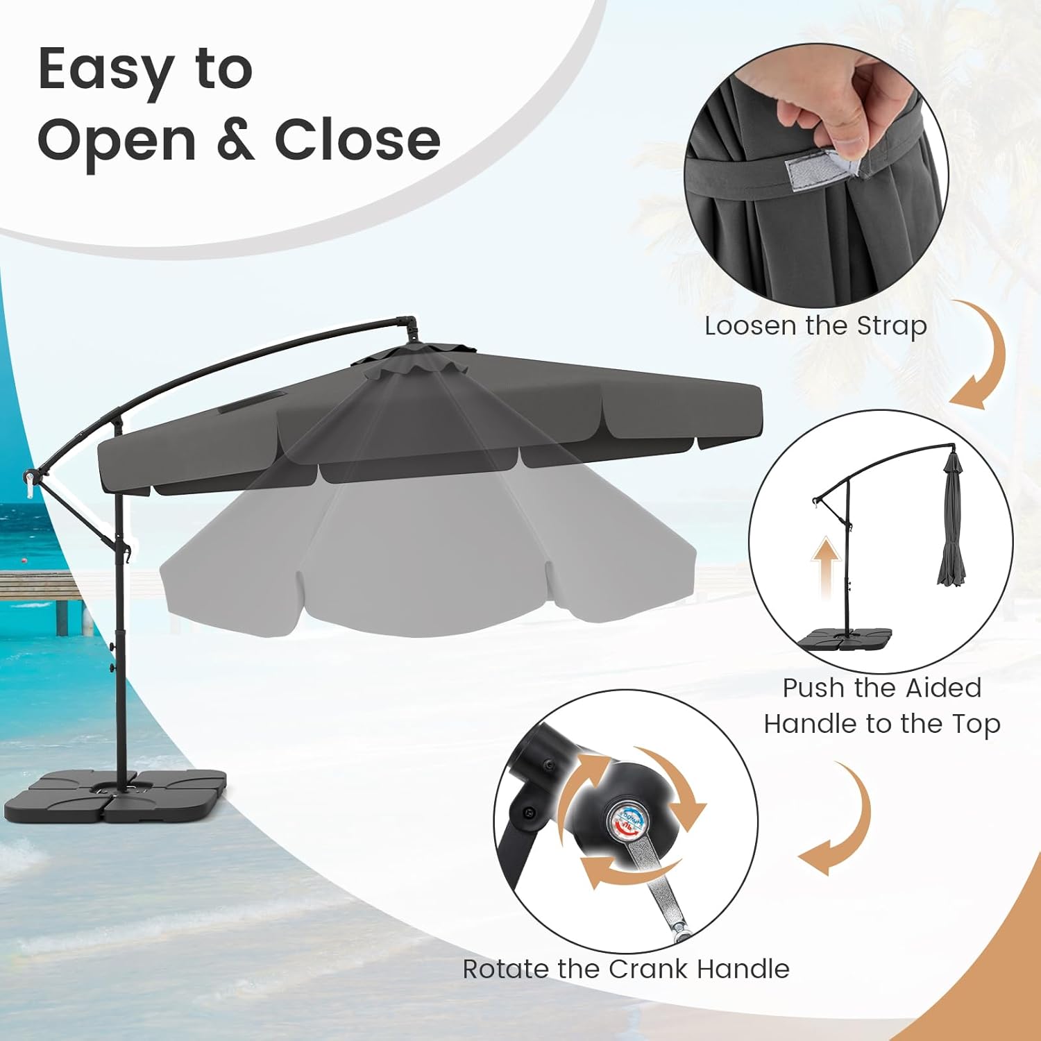 Parasol Déporté 3x3m avec Housse, Grand Parasol de Jardin Exterieur,8 Baleines et Base Croisée, Parasol Inclinable Suspendu avec Manivelle(Gris) - 5