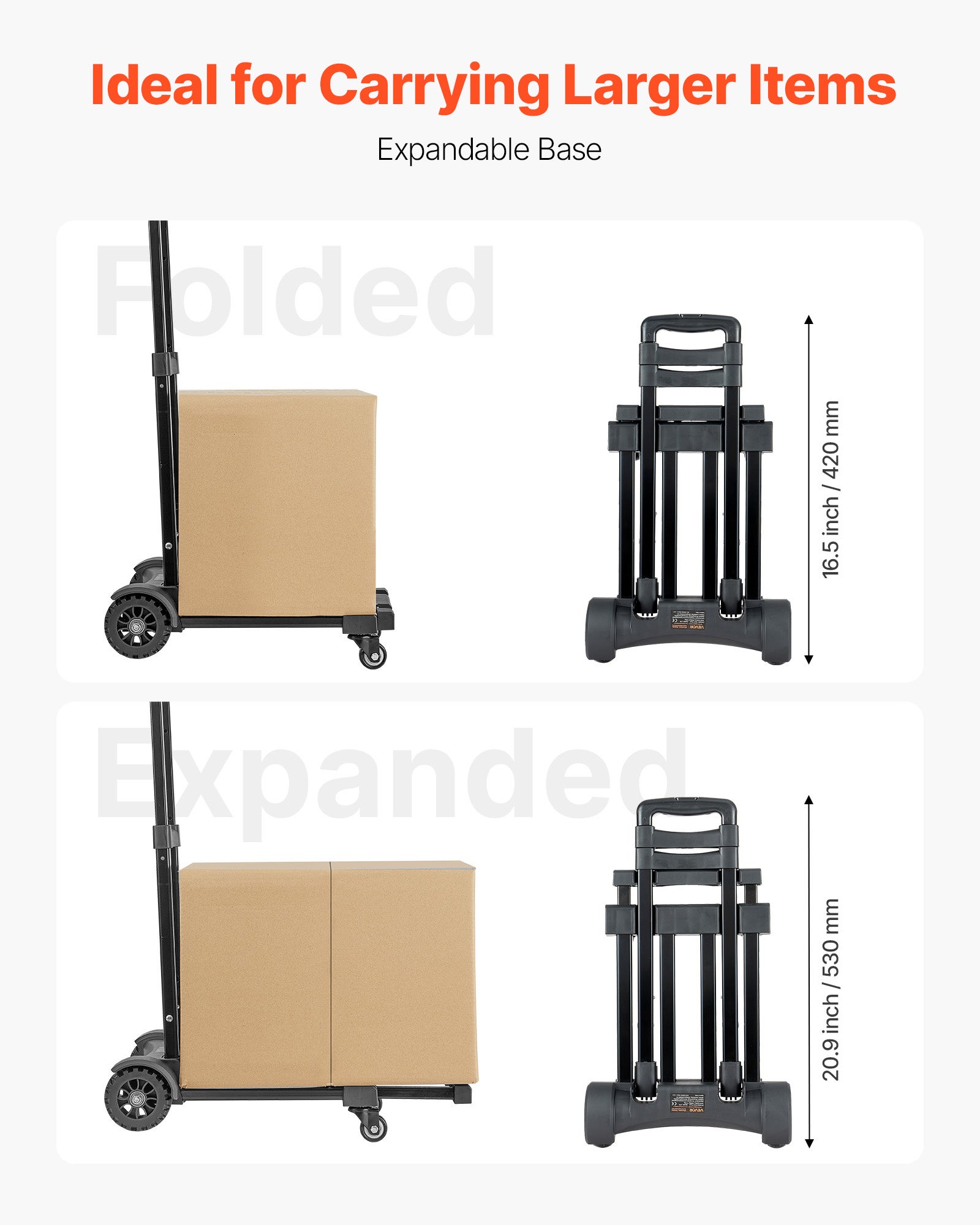 Carrinho dobrável 4 rodas VEVOR, capacidade 131,5 kg, 2 cordas elásticas, base extensível, carrinho utilitário para mudança, escritório, preto - 4