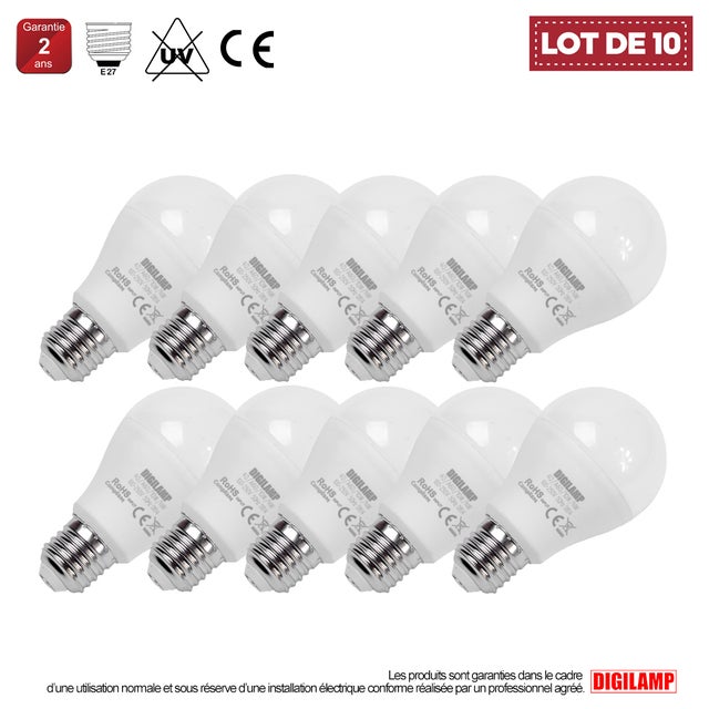 Lot de 10 Ampoule LED E27 A60 10W Blanc Froid 6000K - Digilamp