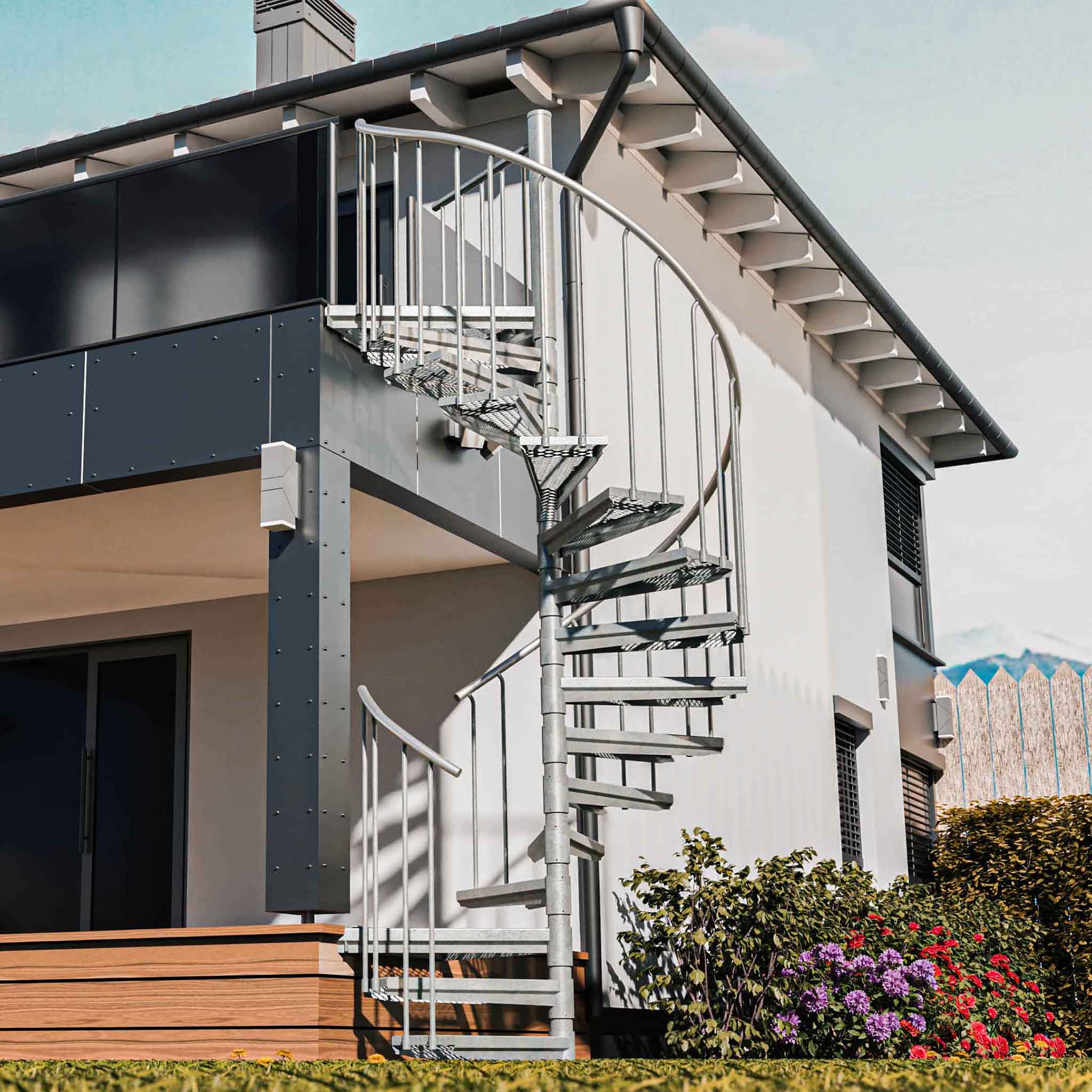Escada exterior / Escada em espiral Ø 225 cm | Alturas : 324 - 341 cm | Revestimento dos degraus em WPC - 2