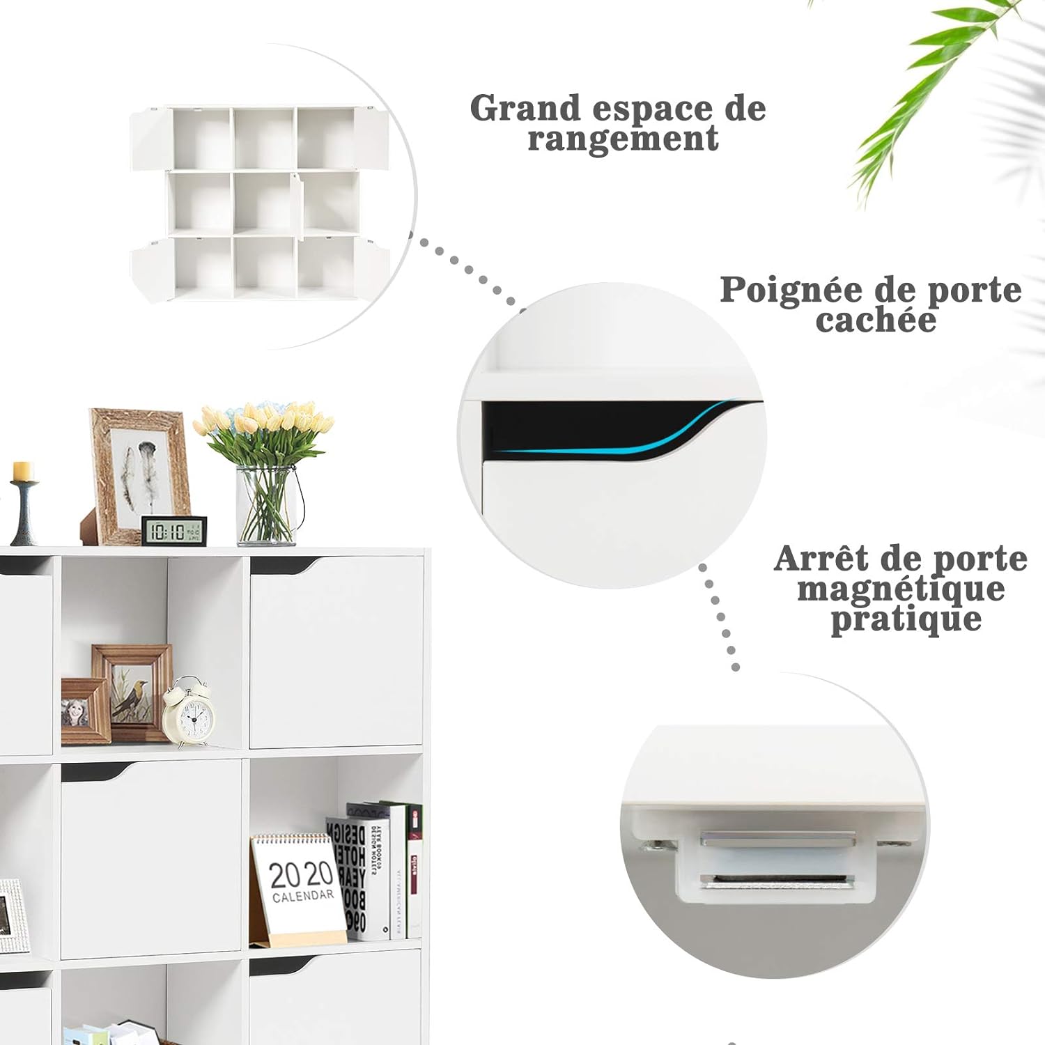 Étagère Bibliothèque FirFurd 9 Cases Avec 5 Portes | Meuble Rangement Blanc 90x29x90cm | Salon, Chambre, Bureau