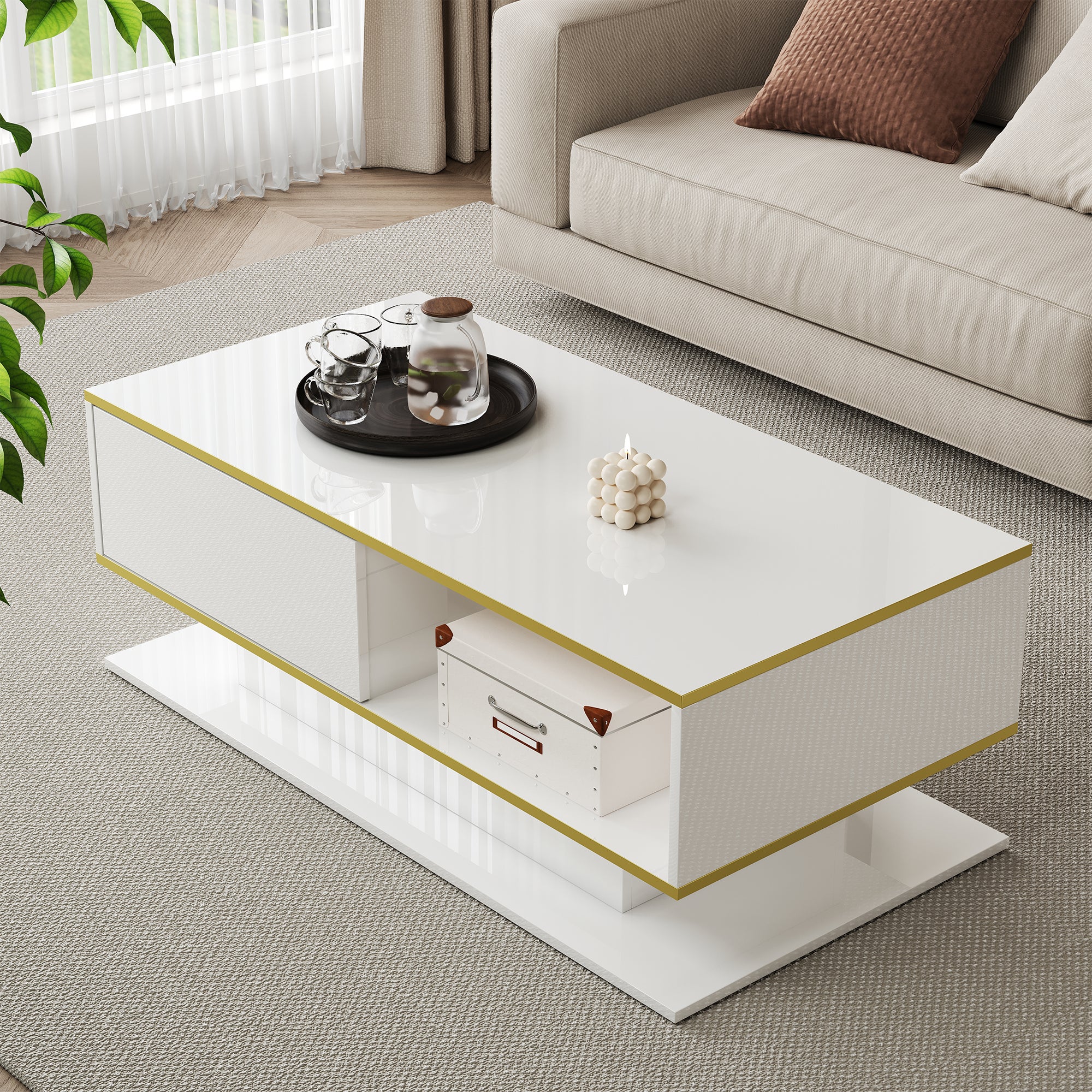Nowoczesny stolik kawowy z połyskiem 100 x 50 x 40 cm - Oświetlenie LED - 3 szuflady i otwarte półki - Złote wykończenia - Biało-złoty - 5