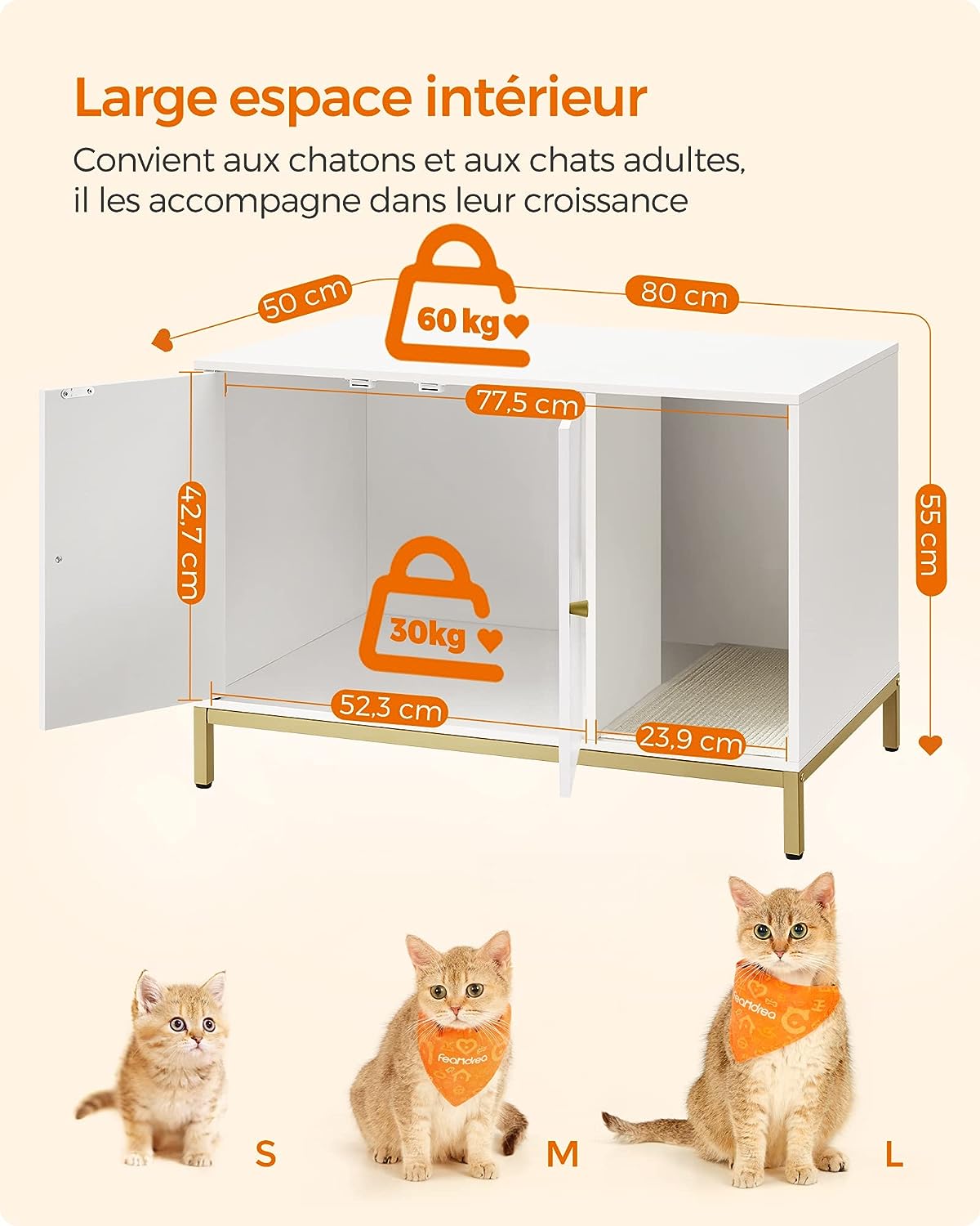 Maison de Toilettes pour Chat, Cache-litière, avec Tapis à Griffer, Pieds Hauts, Table d’Appoint, 80 x 50 x 55 cm, Blanc et Doré - 5