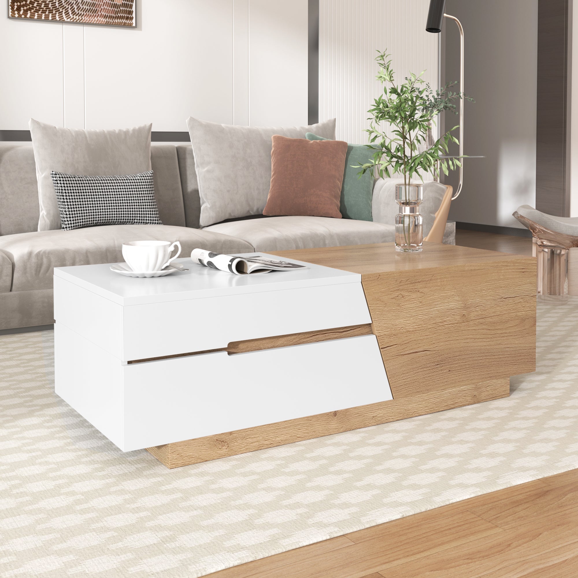 Table basse extensible avec 2 tiroirs - 120 x 50 x 37.5 cm - Panneaux de particules - Blanc + naturel - 2