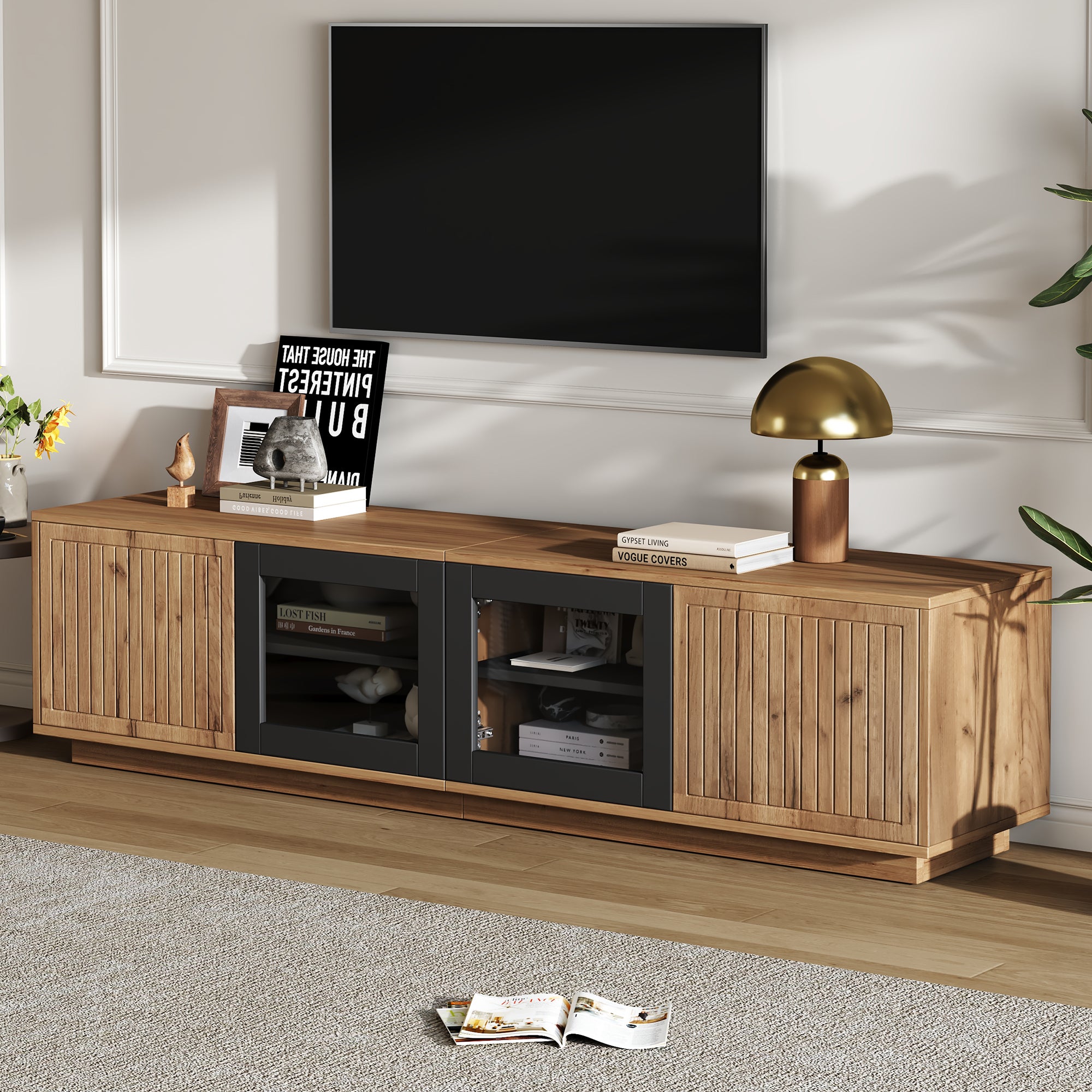 Stolik pod TV 180x40x45 cm - z oświetleniem LED - 4 drzwi - Panel szklany - Płyta wiórowa - Kolor naturalny + czarny - 4