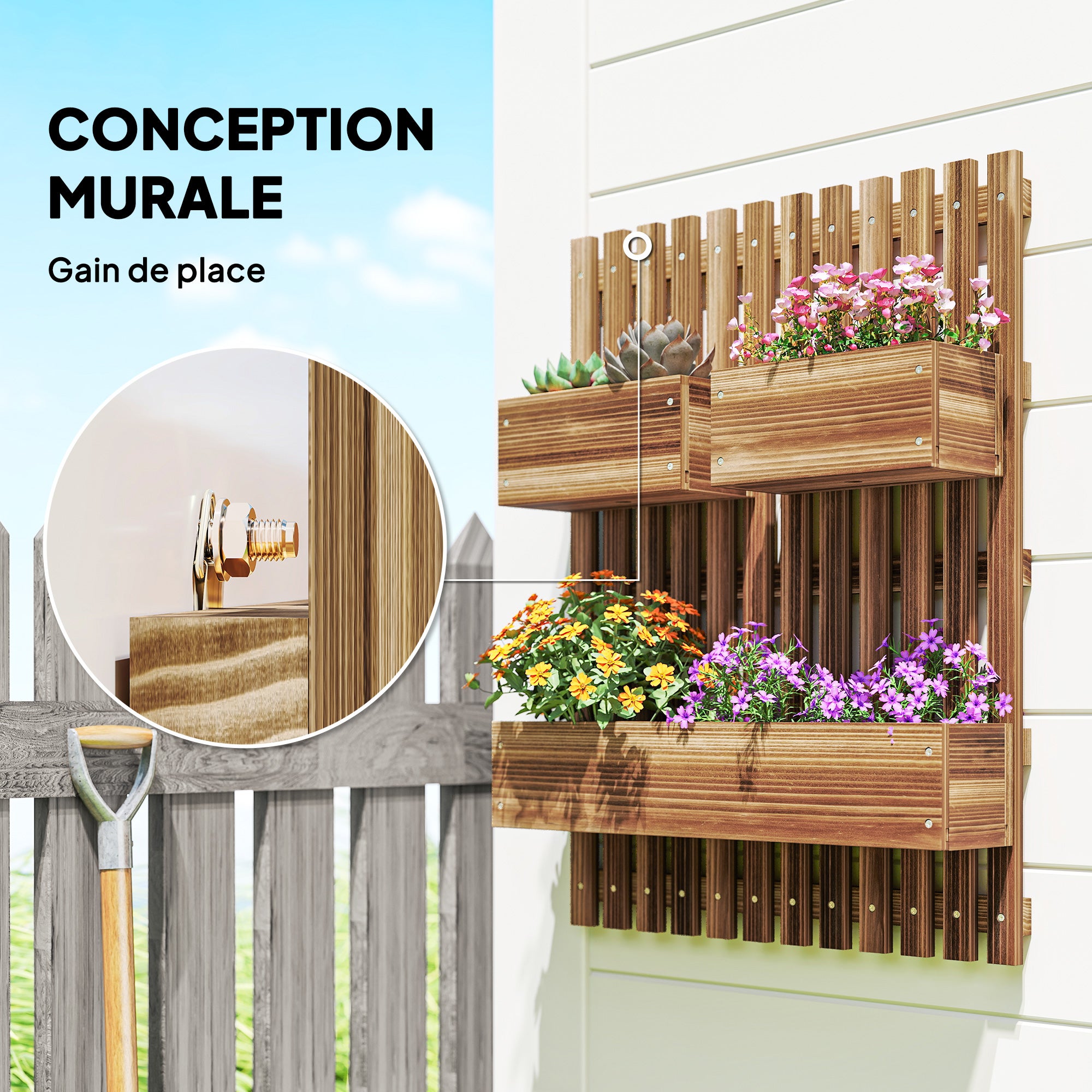 Jardinière murale en bois de sapin avec 3 bacs amovibles - 4