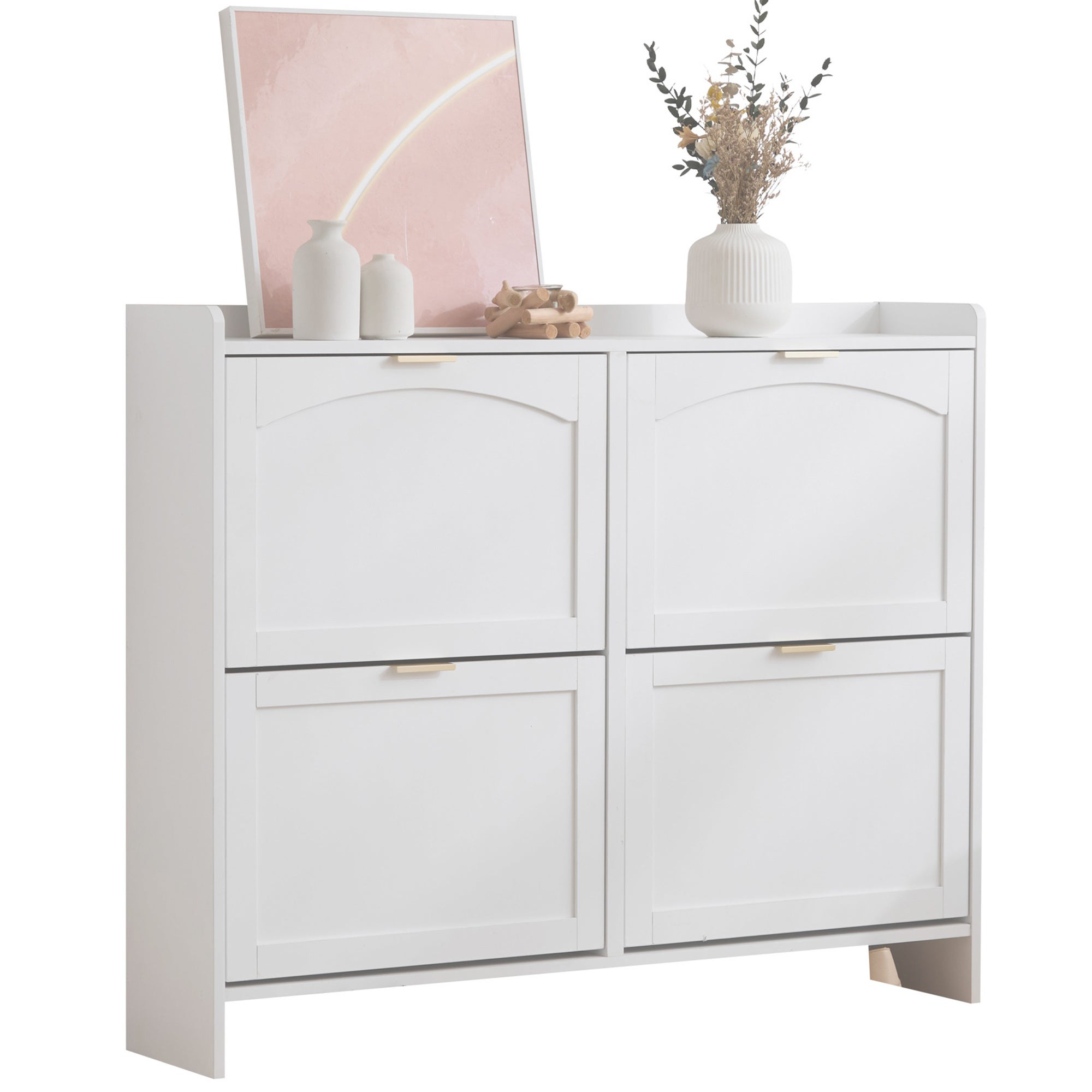 Meuble à chaussures avec 4 portes à rabat - 110 x 24 x 90 cm - Panneau de particules - Blanc - 8