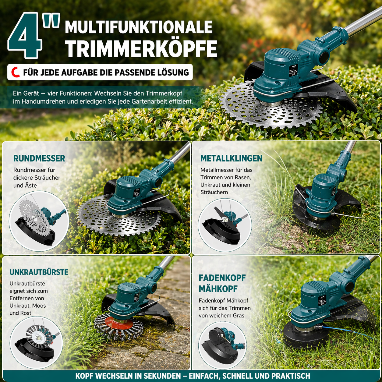 Débroussailleuse Sans Fil 21V 750W, 2 Batteries 4.0Ah, Moteur Sans Balais, Coupe 4-en-1, Tête Tap & Go, Outil Jardin Puissant - 6