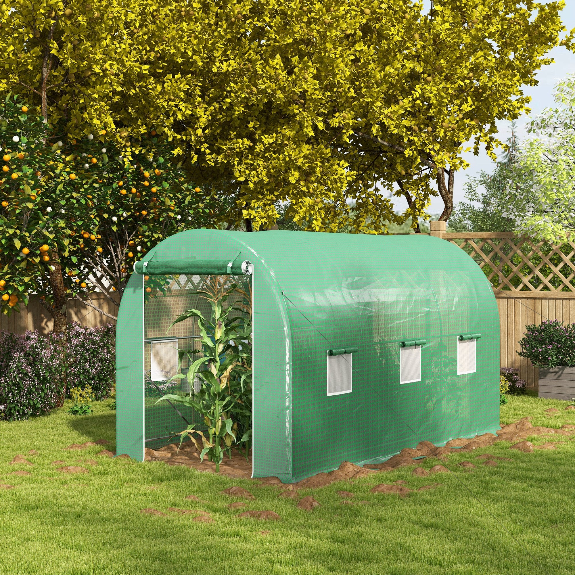 Serre de Jardin Tunnel Surface Sol 8 m² 4L x 2l x 2,05H m châssis Tubulaire Porte zippée 6 fenêtres enroulables vert - 4