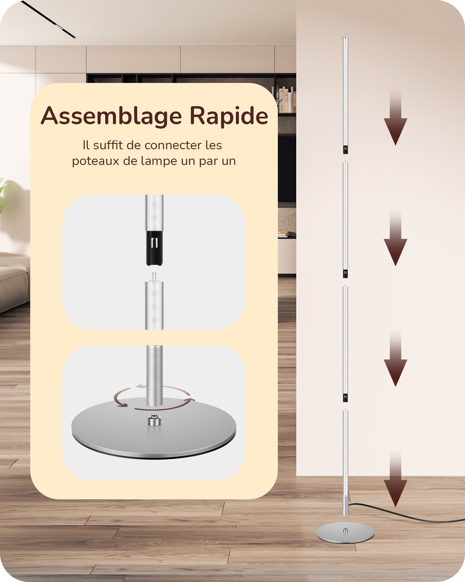 EDISHINE Lampadaire sur pied salon LED dimmable, 3000K blanc chaud, H146cm, interrupteur à pied, argenté, lampe d'ambiance moderne - 6