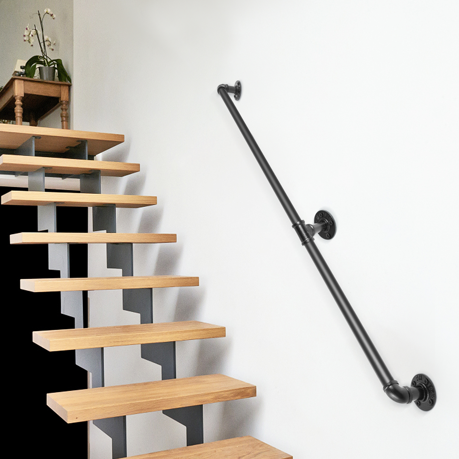 Main Courante Murale 3,3 m SucceBuy, Rampe d'Escalier en Acier Carbone Style Industriel, Robuste et Facile à Installer, Sécurité Intérieur & Extérieur - 8