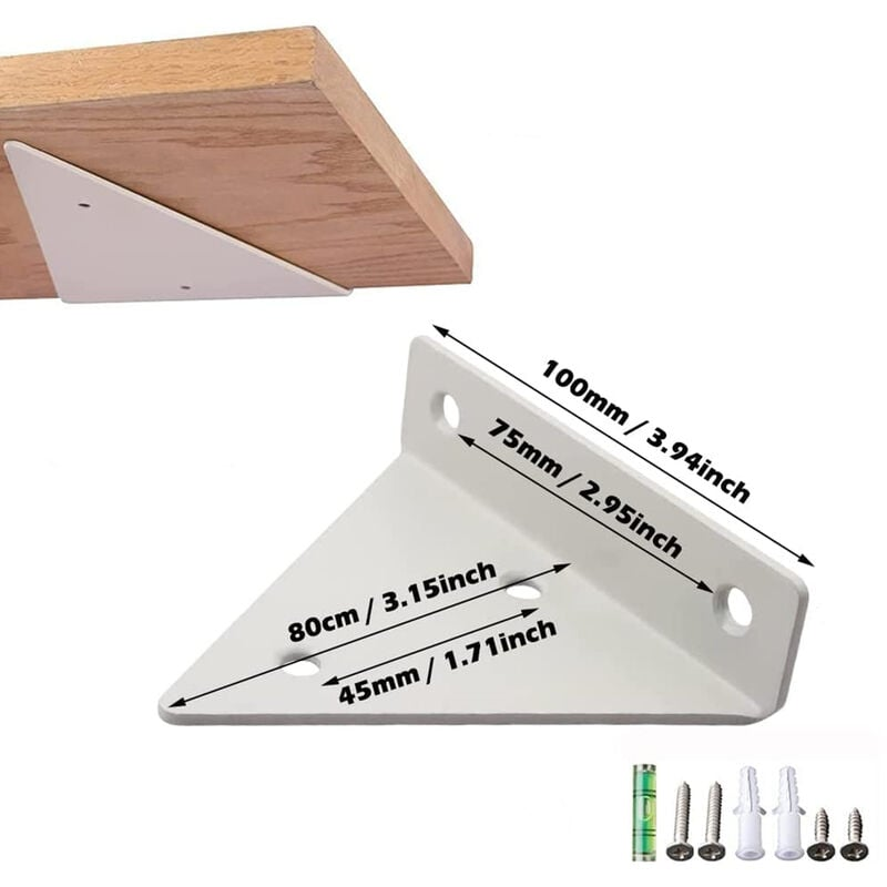 Lot de 4 supports d'étagère triangulaires, support mural pour jardin, cuisine, salon, charge 20kg avec vis, blanc - 3