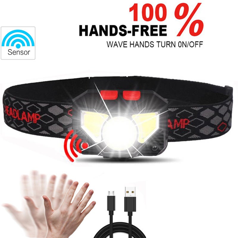 LAMPE FRONTALE LED COB avec capteur de mouvement, pour pêche en plein