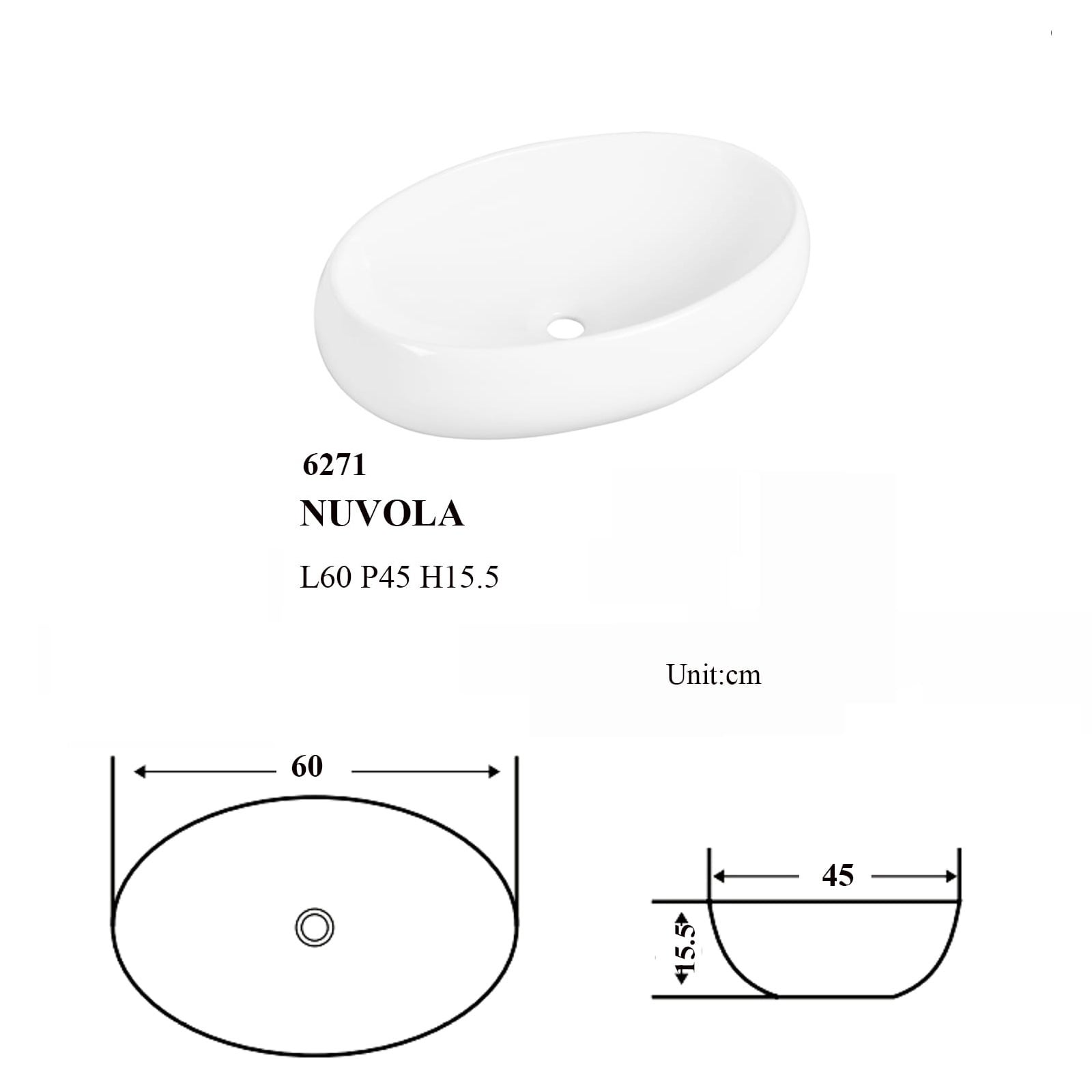 Lavabo da appoggio ovale 60 cm in ceramica Bianco Lucido - 5