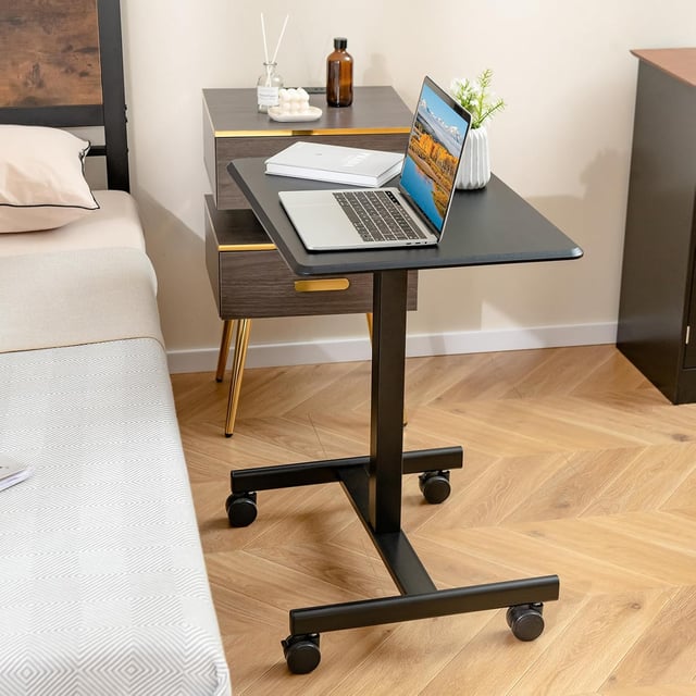Scrivania portatile per laptop con altezza regolabile, ruote bloccabili, sollevamento pneumatico, postazione di lavoro (nero)