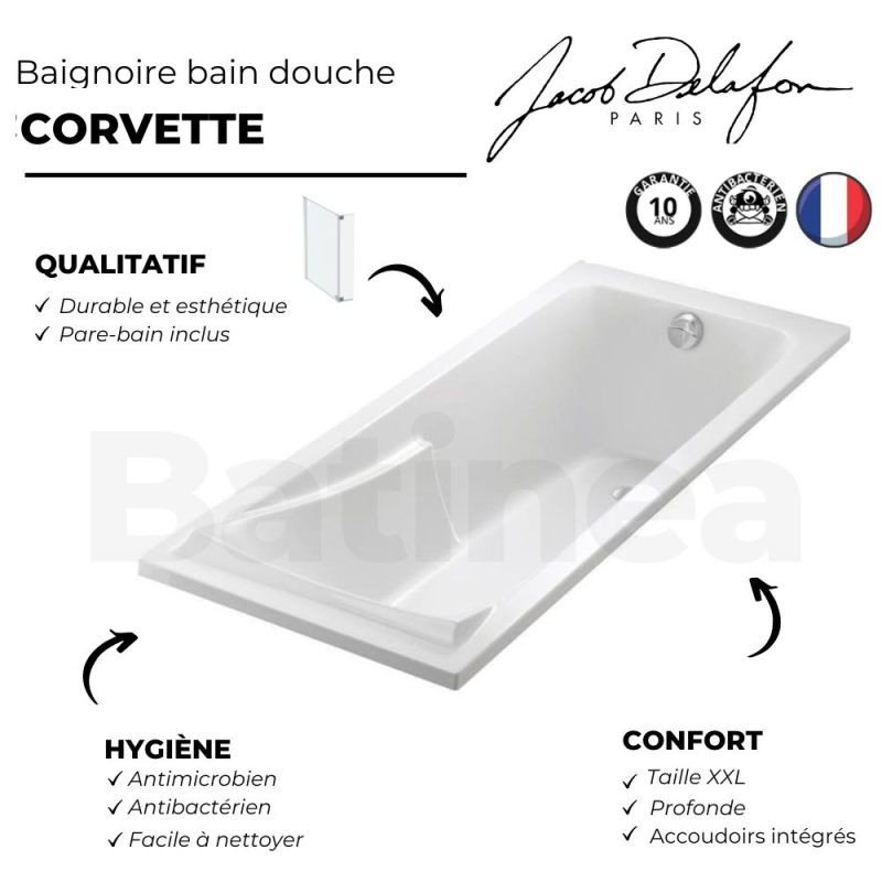 Lot baignoire droite 170 X 70 JACOB DELAFON Corvette + pare-bain 2 volets noir mat - 4