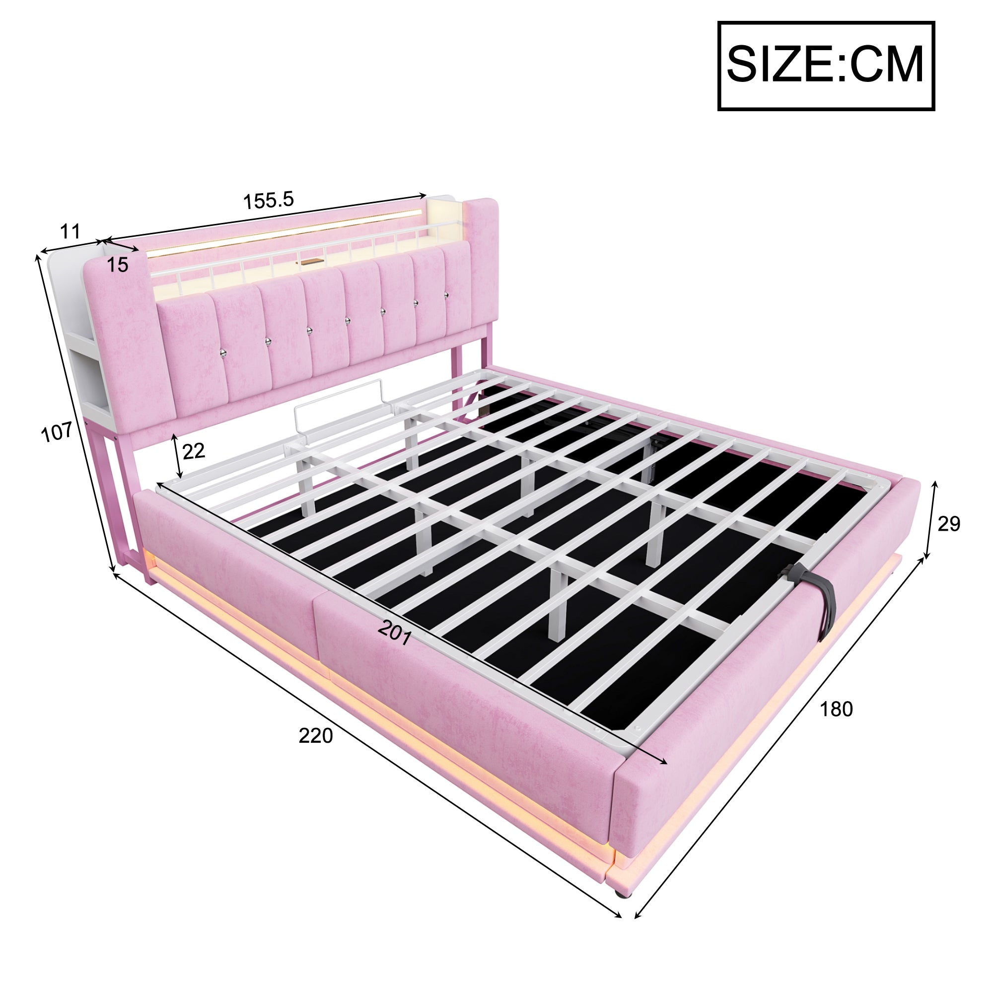 Łóżko z pojemnikiem na pościel 180 x 200 cm i zagłówkiem - Tkanina aksamitna - Diody LED - Porty USB - Różowe (Materac nie jest dołączony) - 8