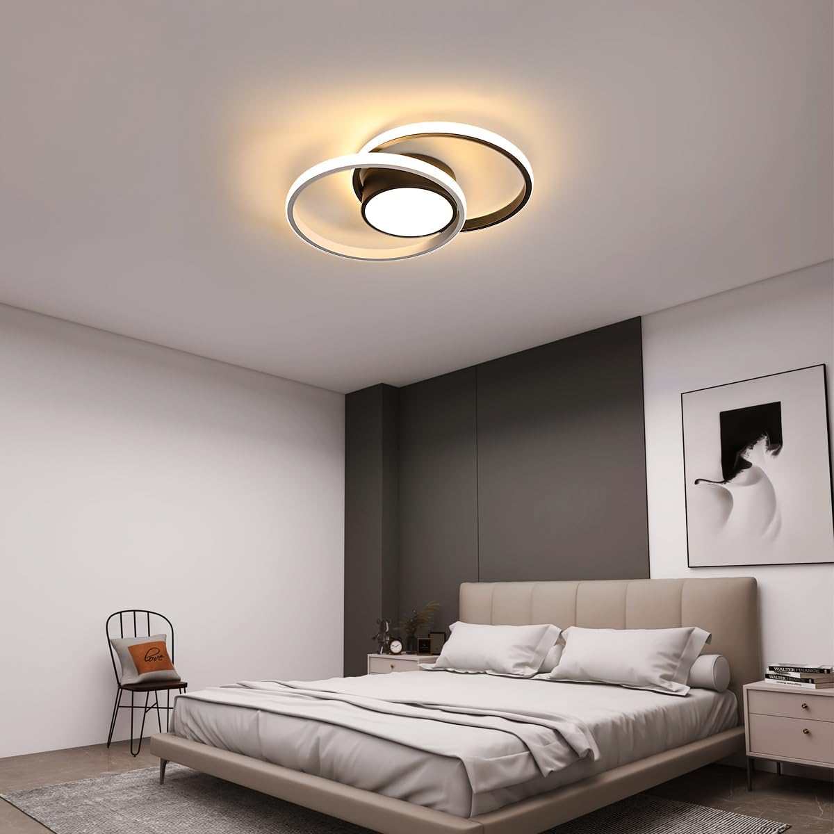 GOECO LED Plafonnier, Luminaire Plafonnier Moderne 42W, Lustres LED Double Anneau 4500k 3360 Lumene Plafonniers En Acrylique Noir Pour Chambre 86809231