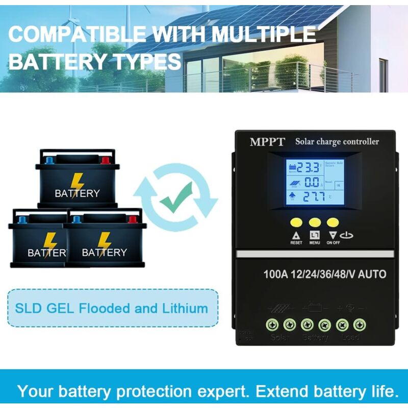 Régulateur de charge solaire MPPT 100A 12V 24V 36V 48V – Écran LCD – Double port USB – Efficacité jusqu'à 99,5% - 2