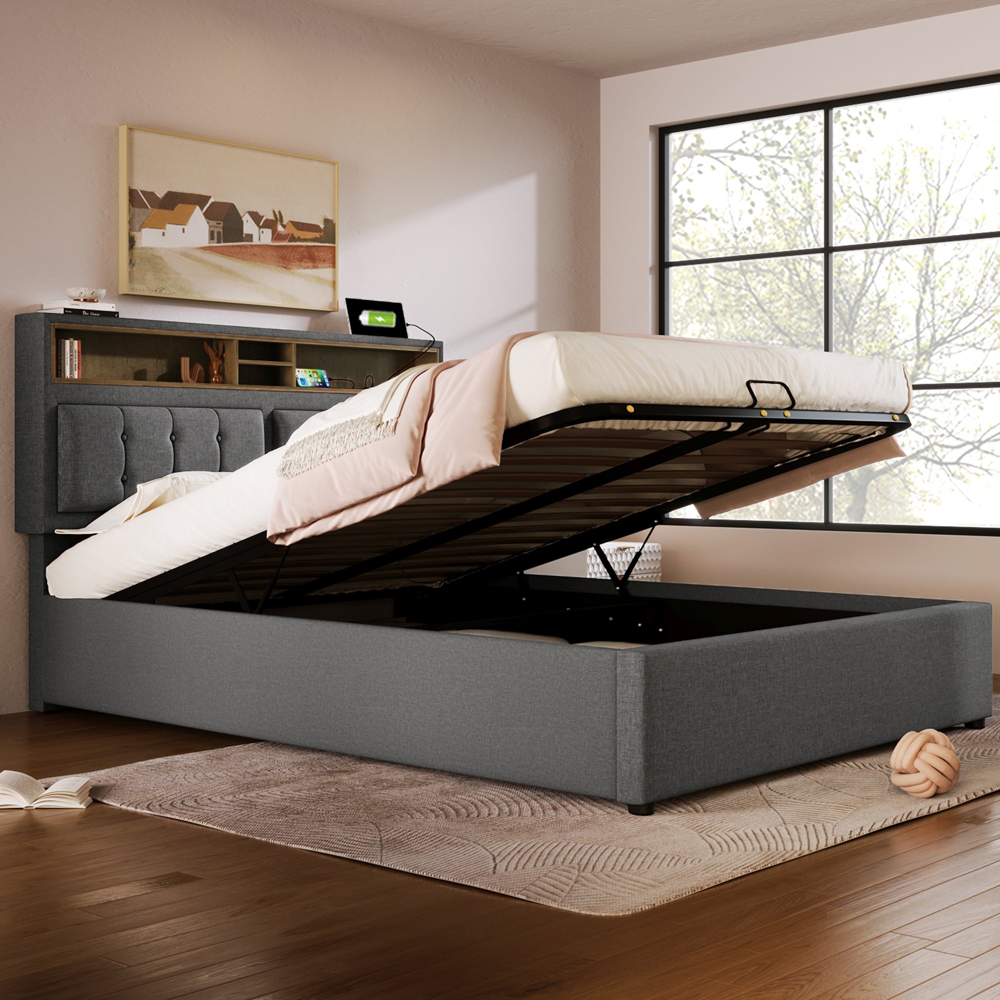 Lit rembourré lit double avec prise USB C fonction de charge tête de lit, lits de rangement cadre de lit en lin lit jeune 140x200 avec sommier à lat - 5